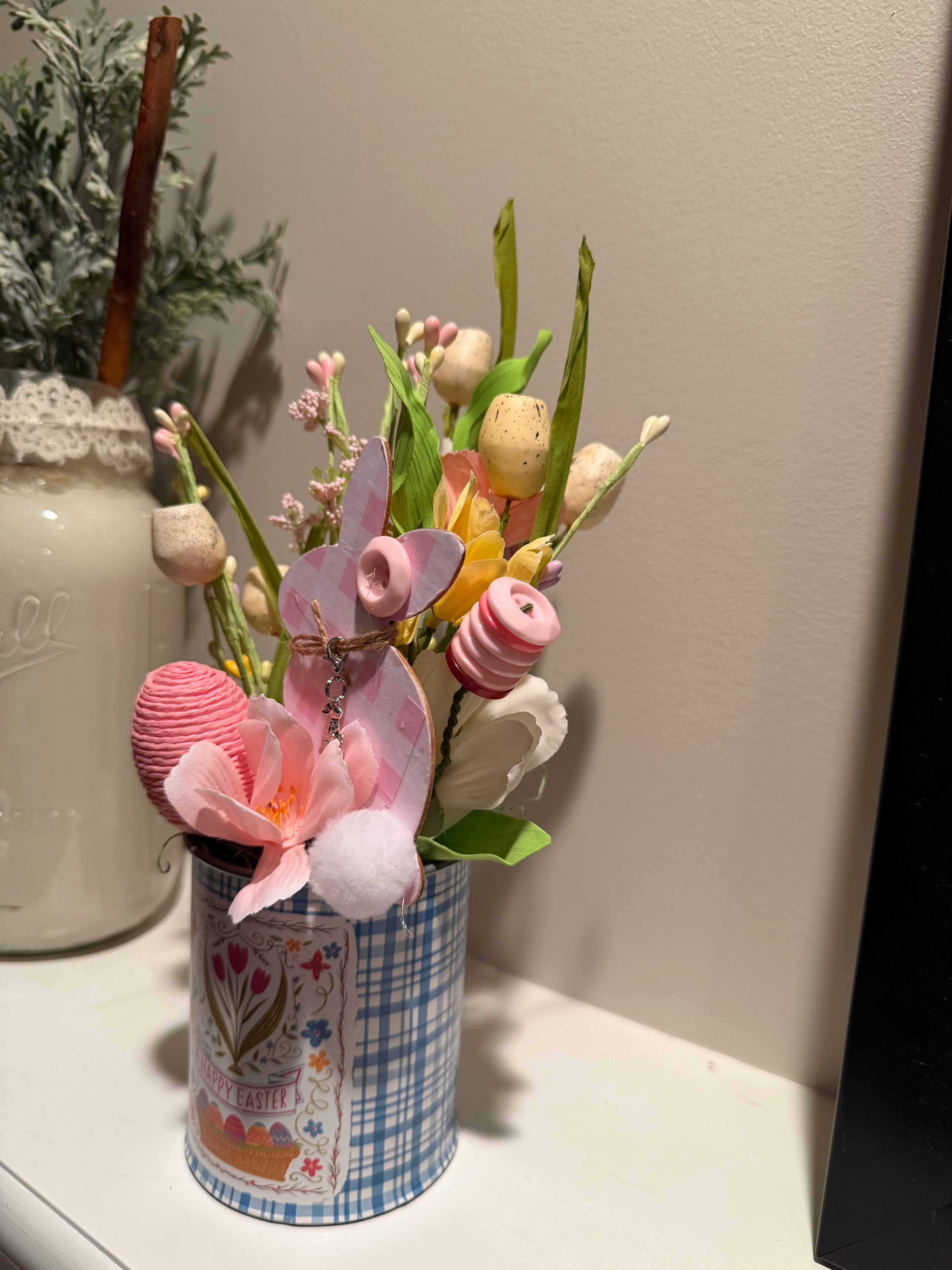 Happy Easter arrangement with pink gingham bunny