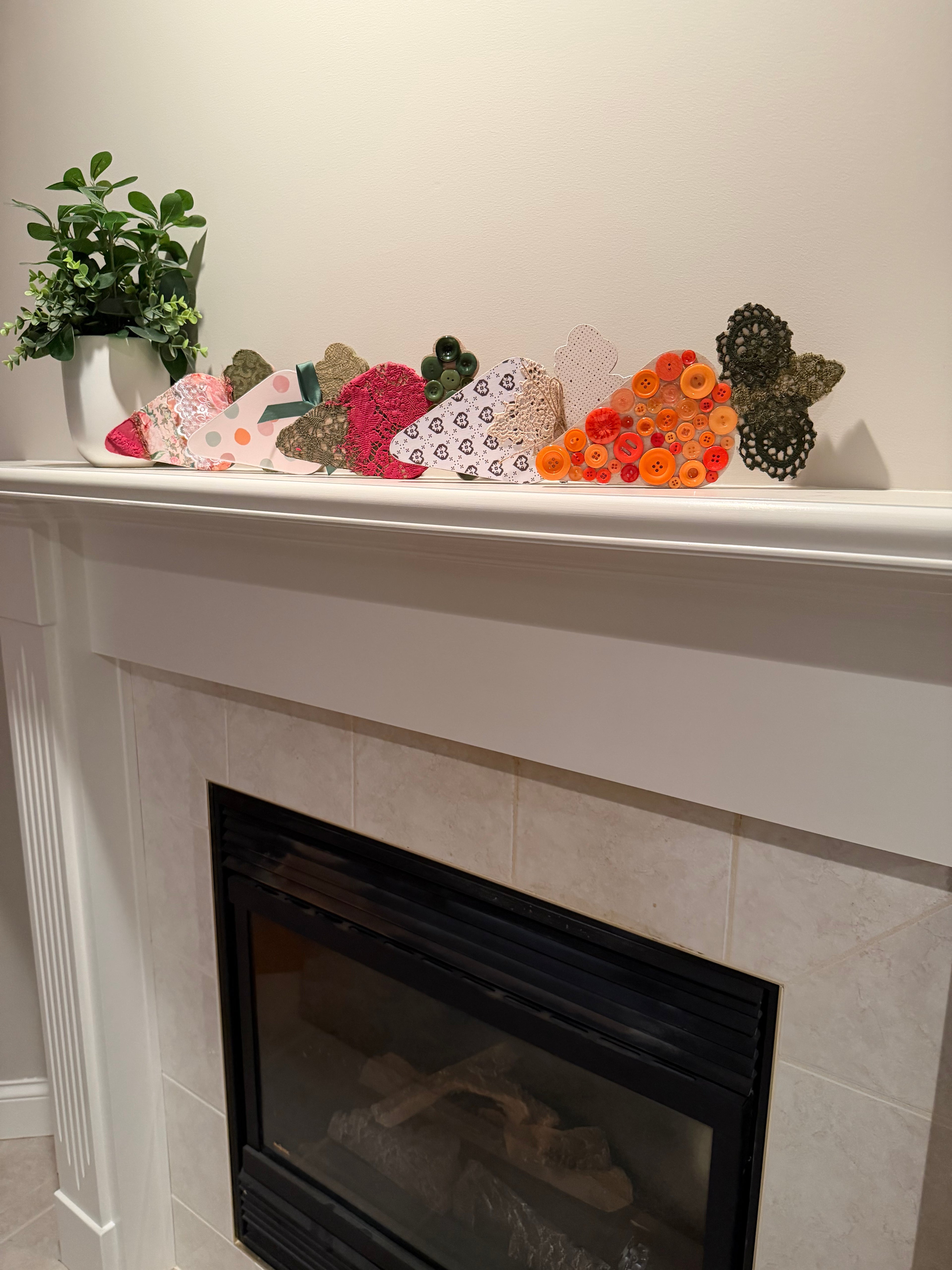 Handmade Rustic Farmhouse Carrot Shelf Sitter - Orange Buttons & Vintage Doilies