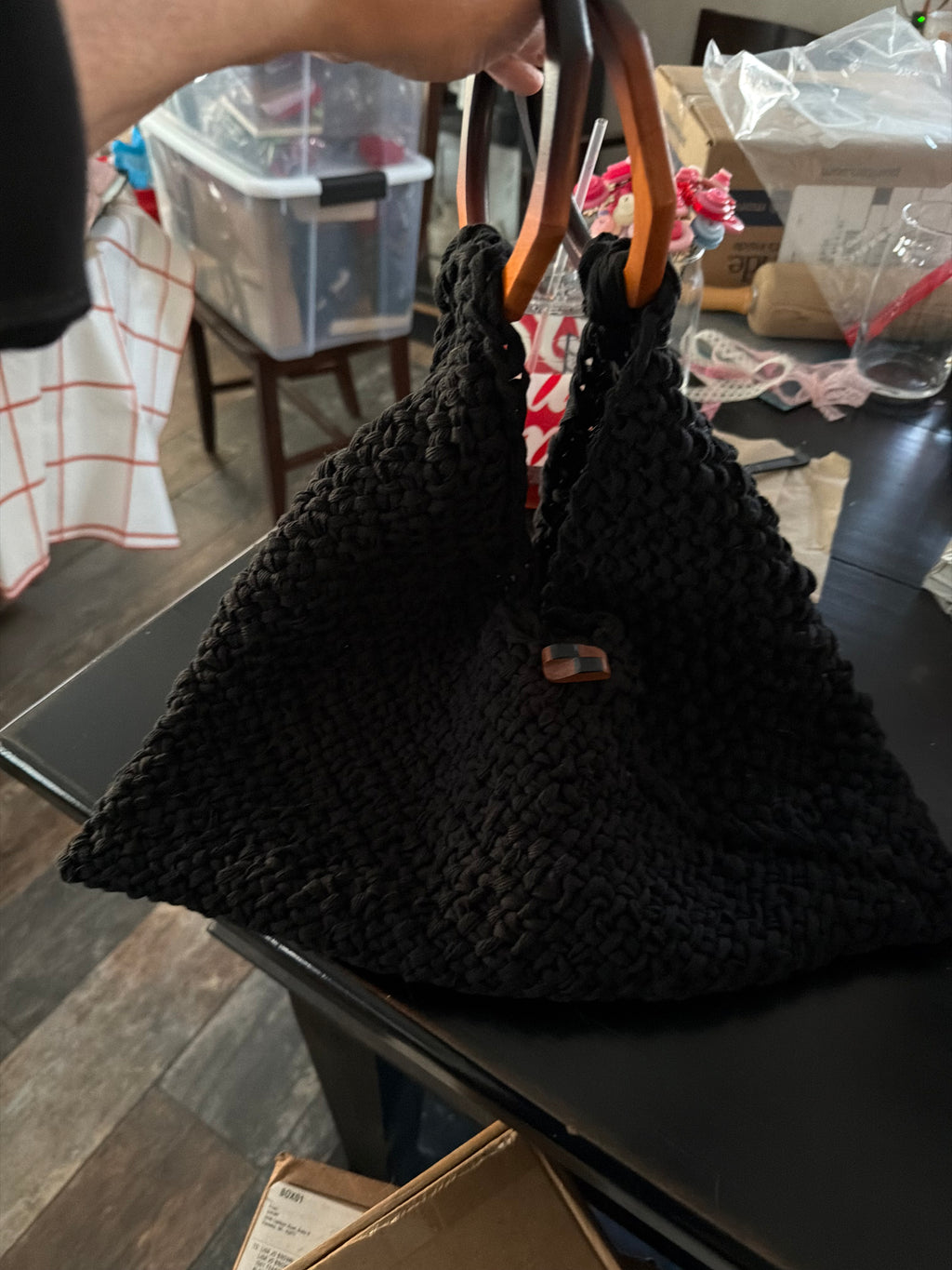 Handmade knitted black purse with wooden handles