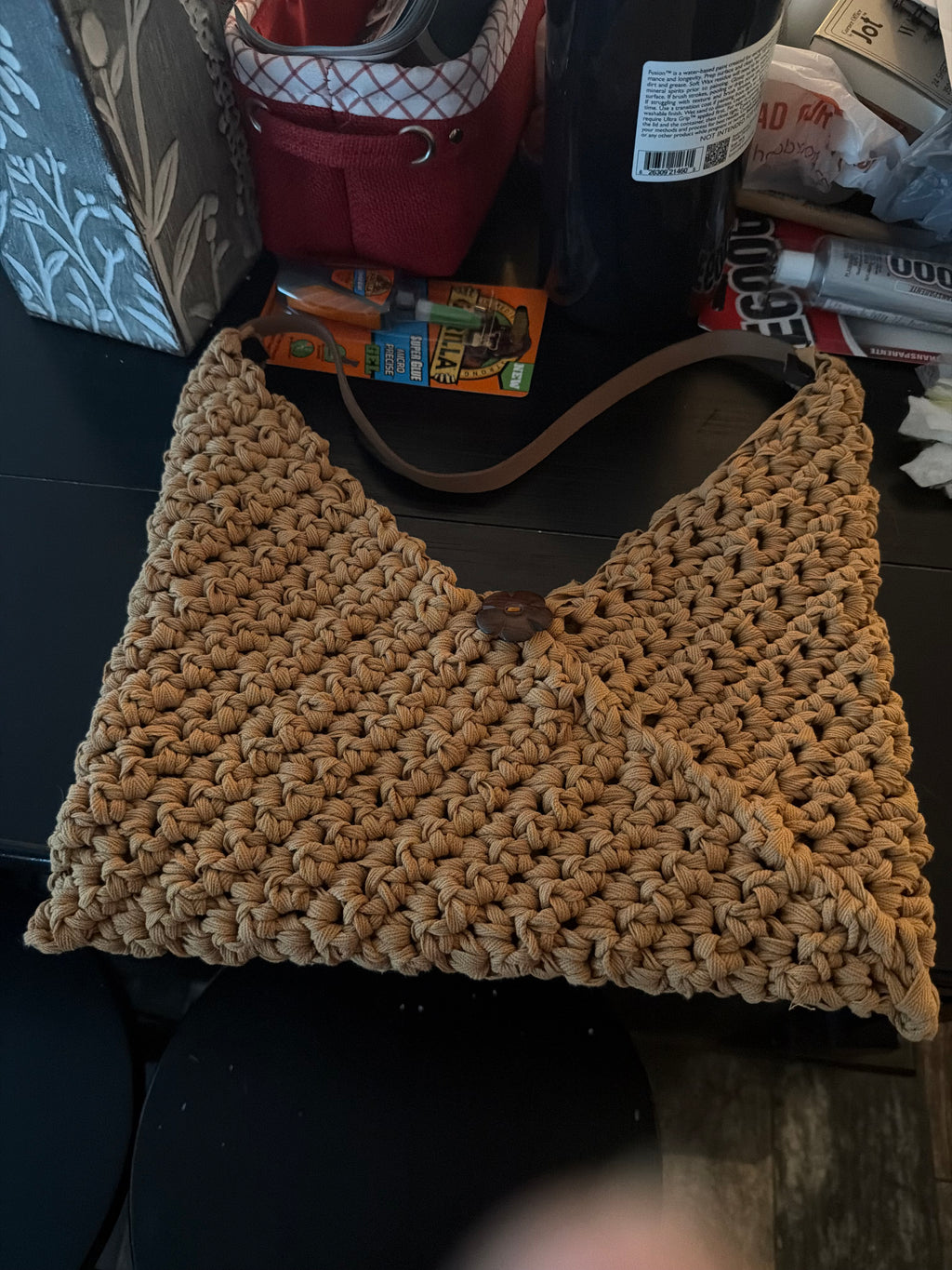Handmade crocheted purse with leather strap - made to order
