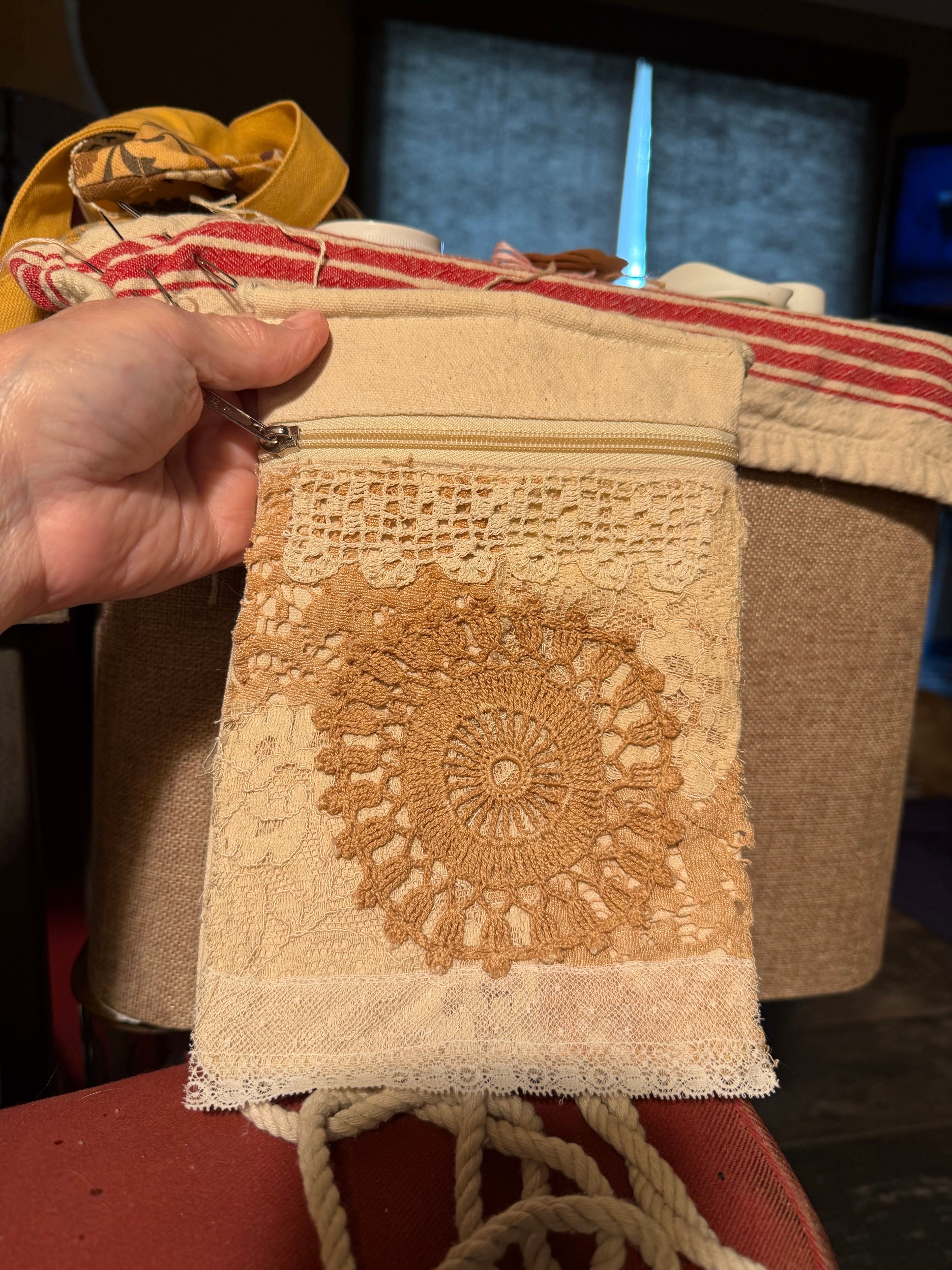 Cross Body Purses with hand sewn doily decor - brown tones