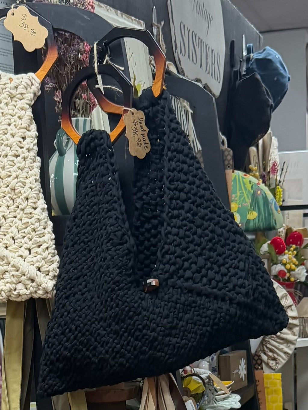 Handmade knitted purse with wooden handles - made to order