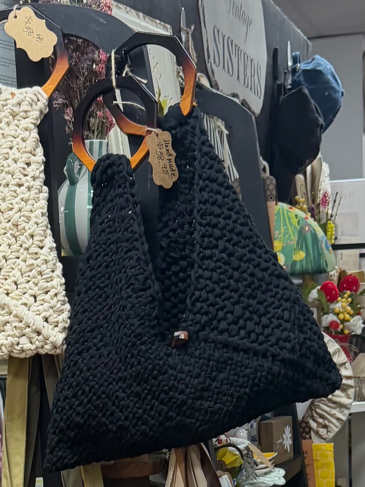 Handmade knitted purse with wooden handles - made to order