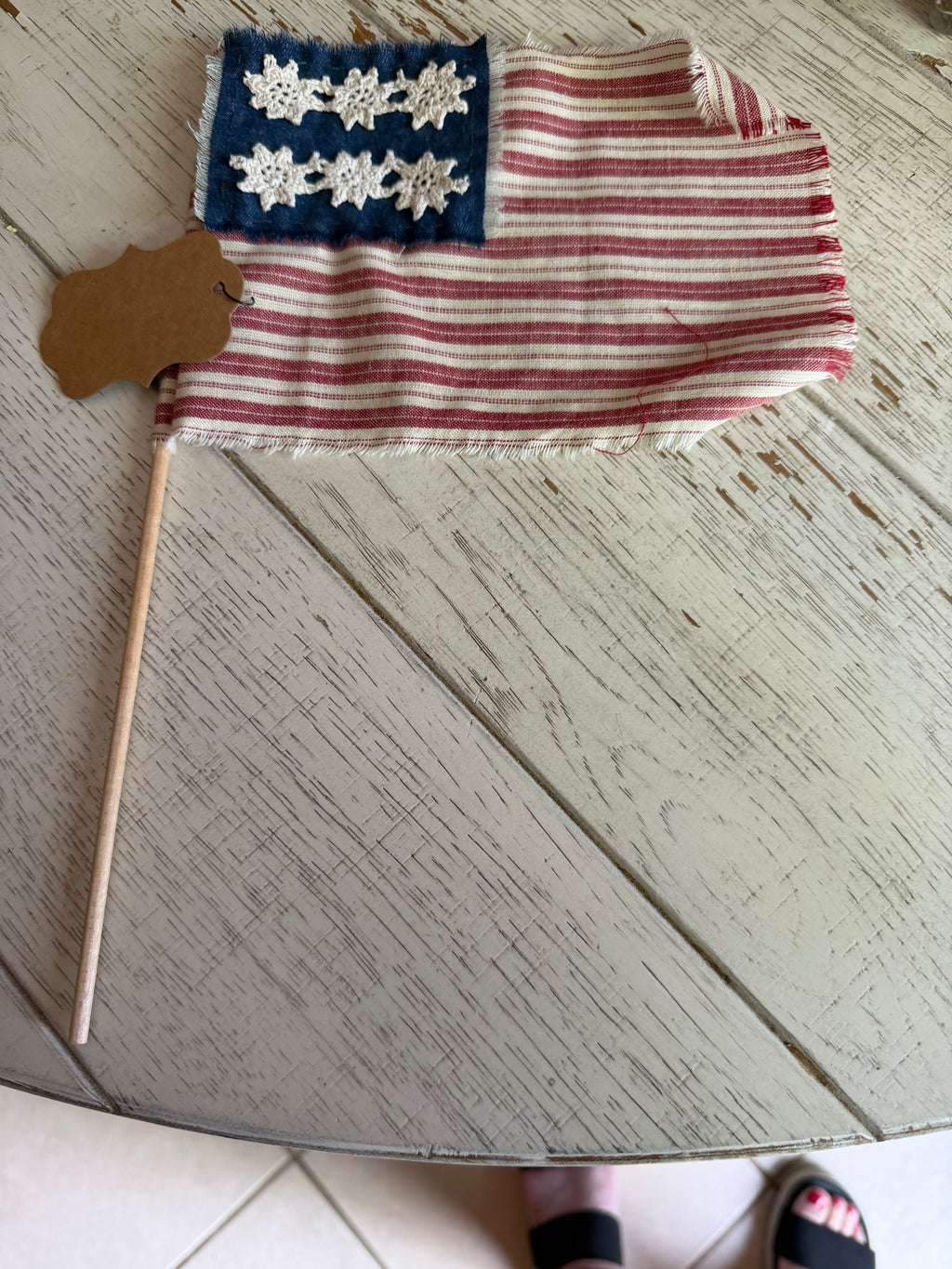 Rustic Patriotic Fabric Flag on Dowel - doily stars