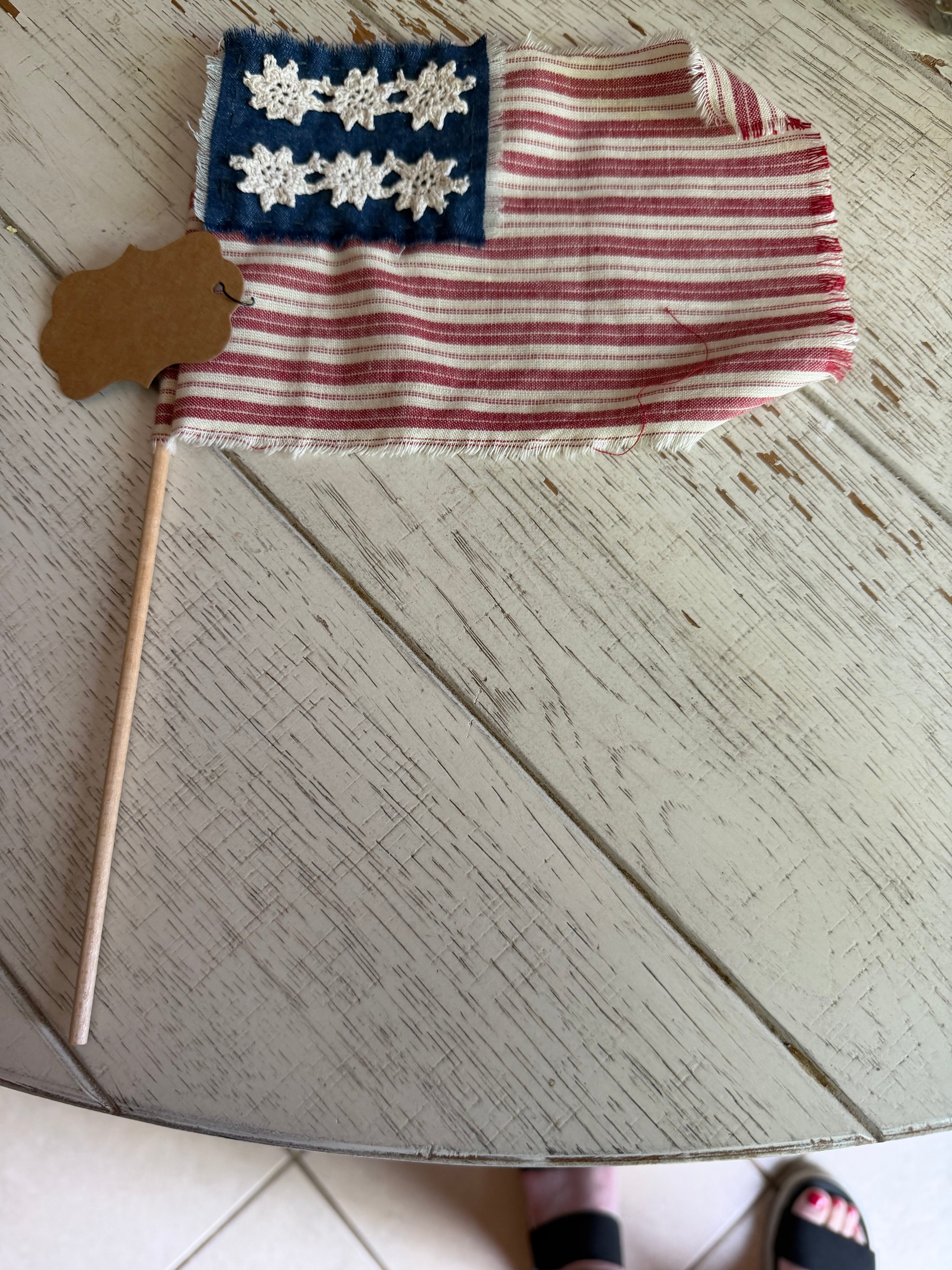 Rustic Patriotic Fabric Flag on Dowel - doily stars