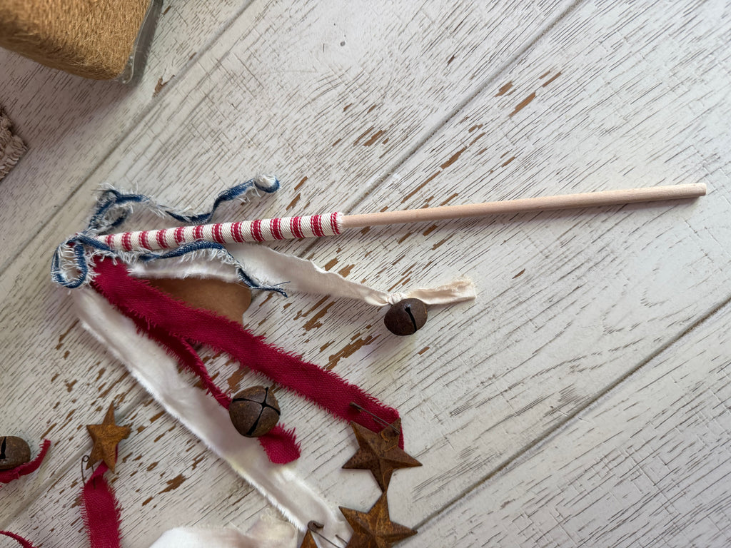 Primitive Patriotic Ribbon Wand with Rusty Jingle Bells & Stars