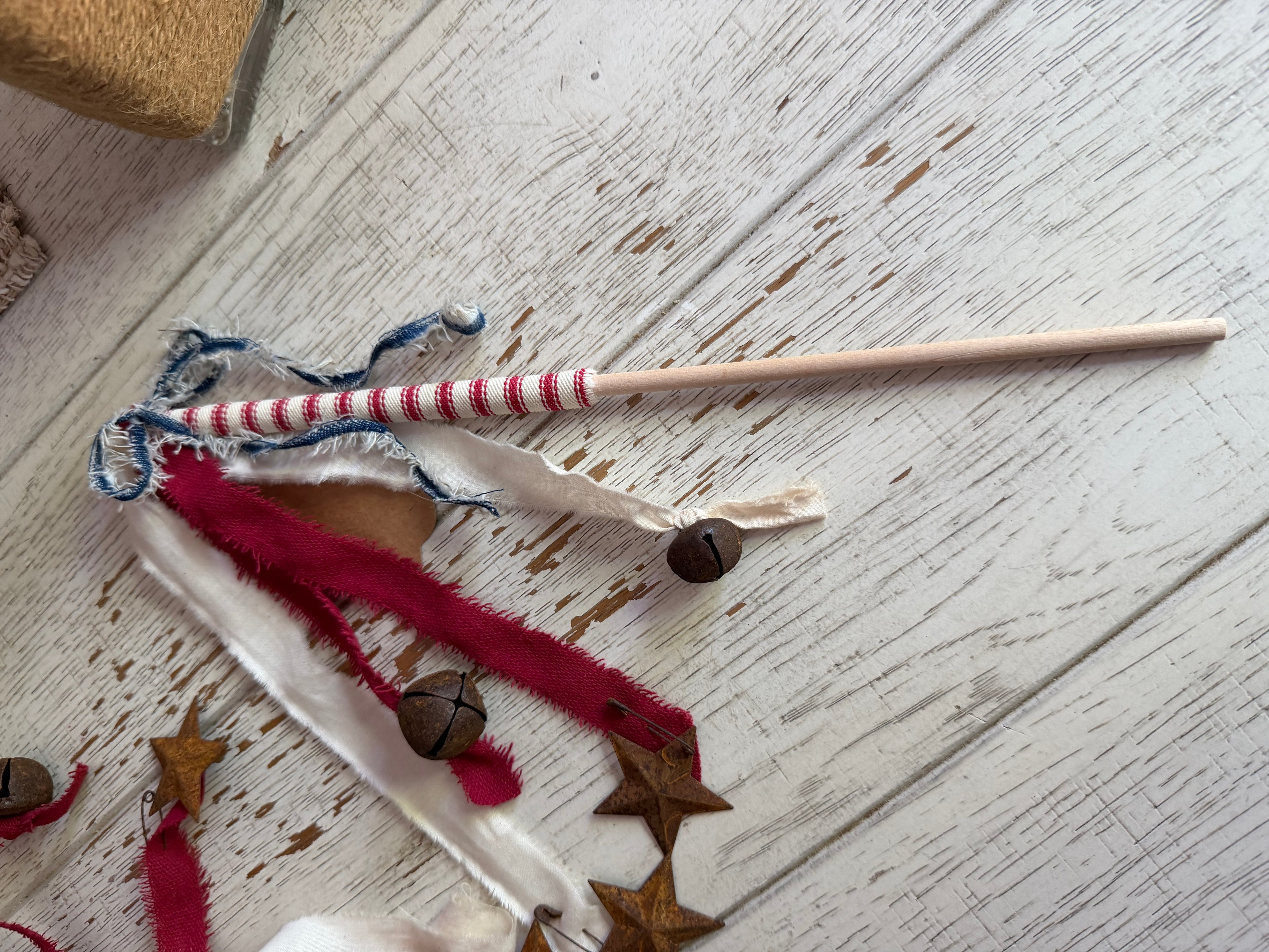 Primitive Patriotic Ribbon Wand with Rusty Jingle Bells & Stars
