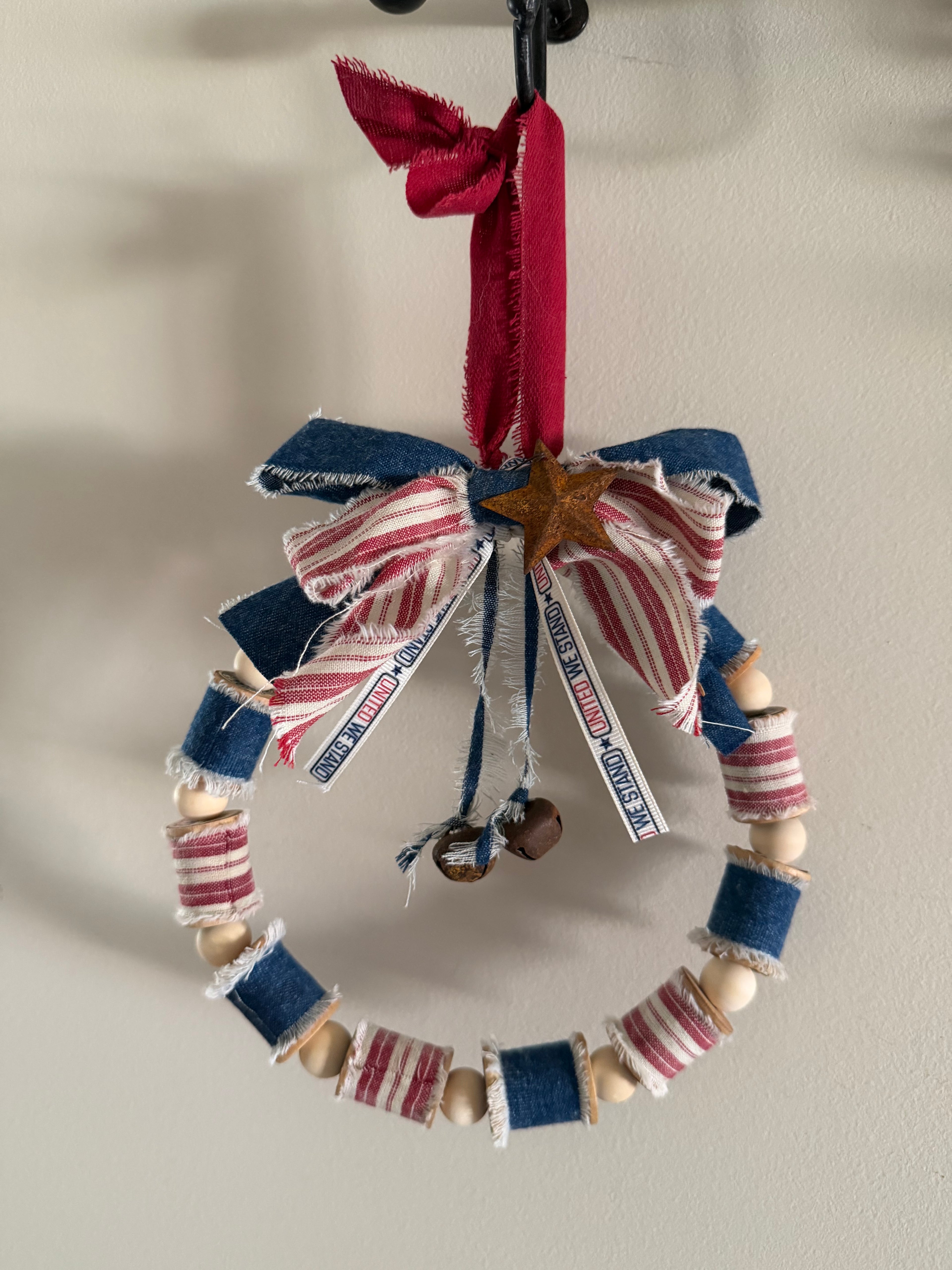 Handcrafted Patriotic Wooden Bead Wreath - red cloth hanger