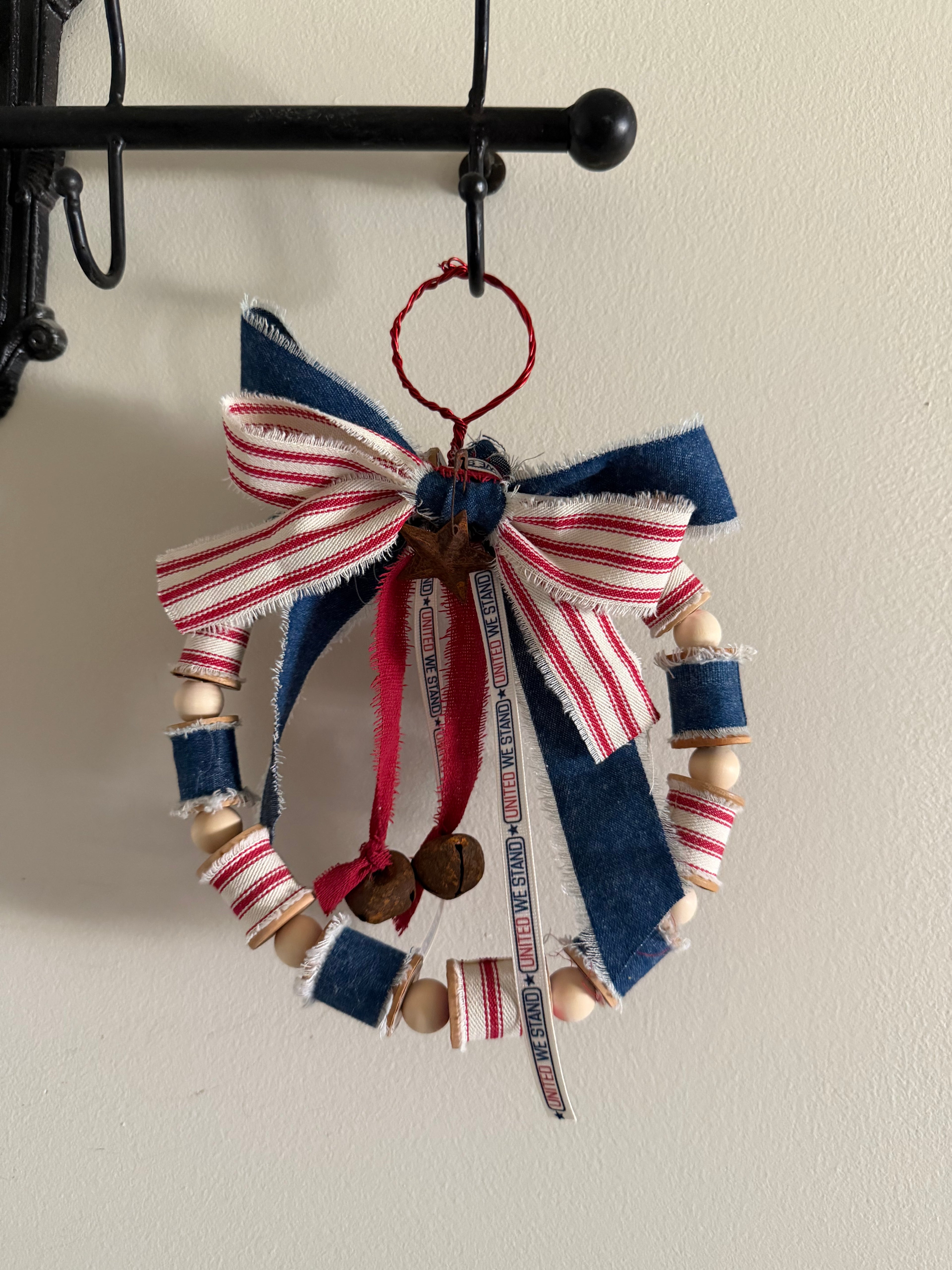 Handcrafted Patriotic Wooden Bead Wreath - red wire hanger