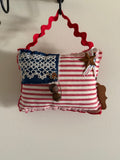 Handmade Primitive Patriotic Mini Pillow Hanger – Americana Flag Tater Cushion - red hanger
