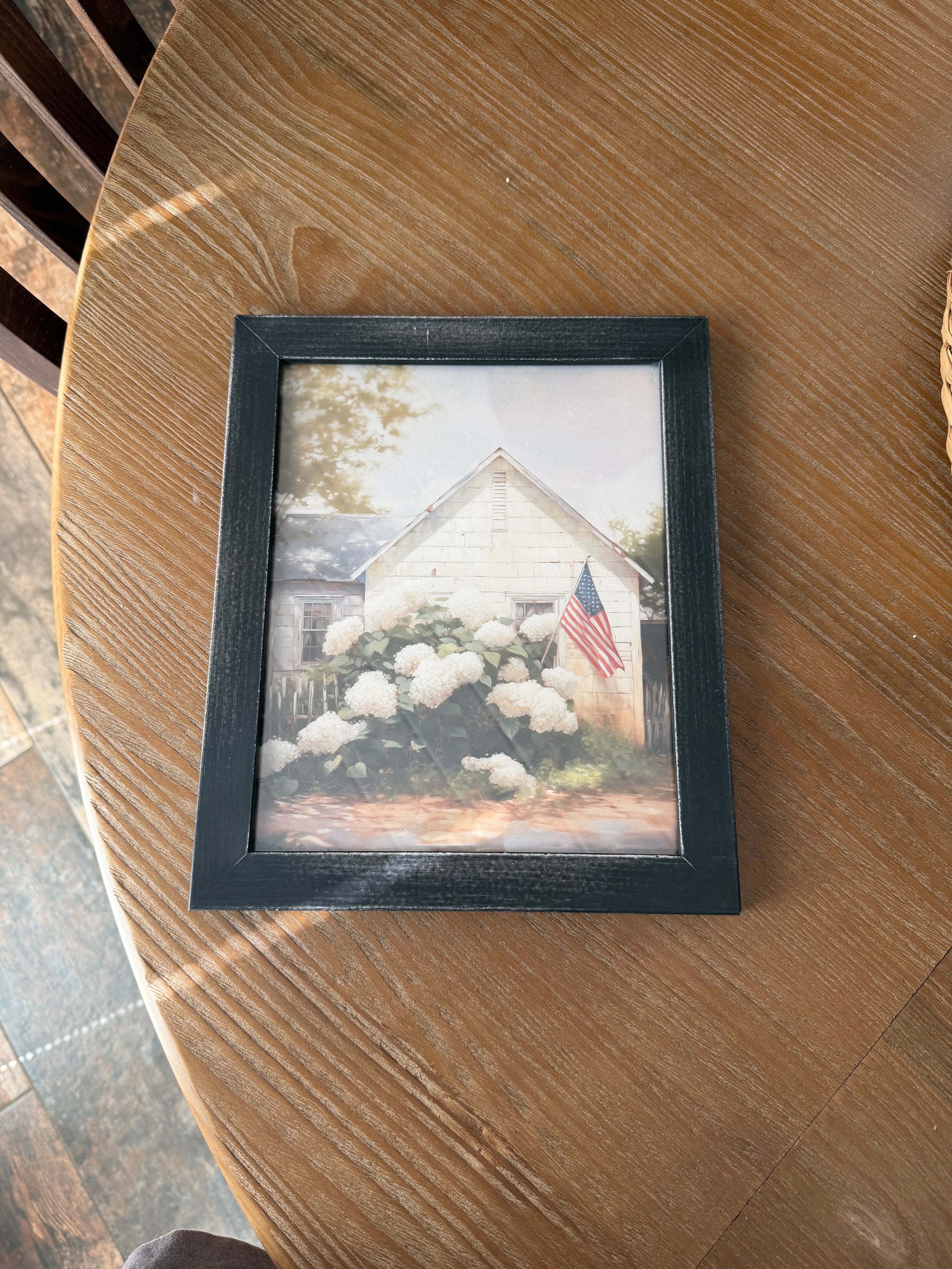 8 x 10 white house with hydrangeas and flag - black frame