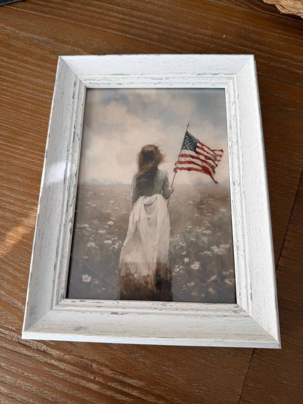 5 x 7 Girl with Flag print - in distressed white frame