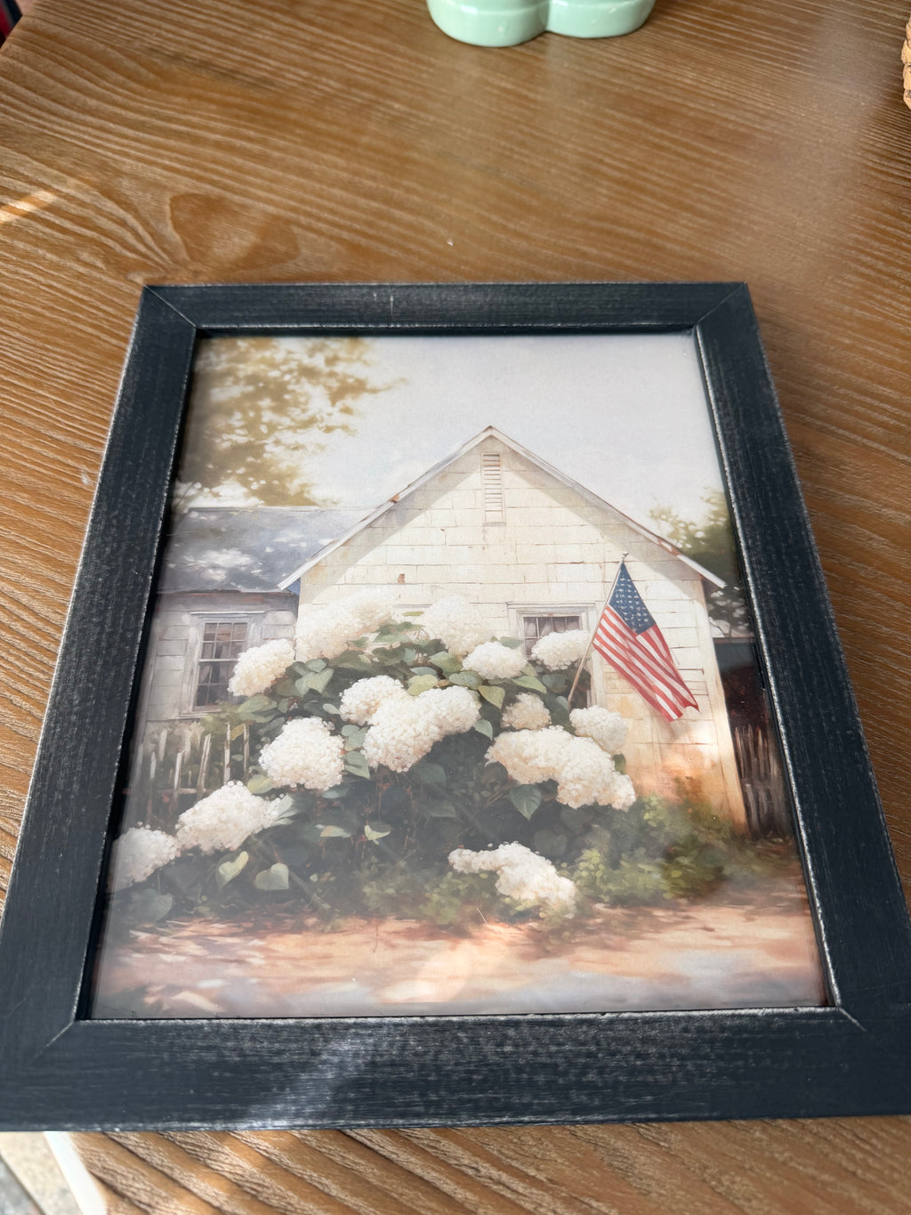 8 x 10 white house with hydrangeas and flag - black frame