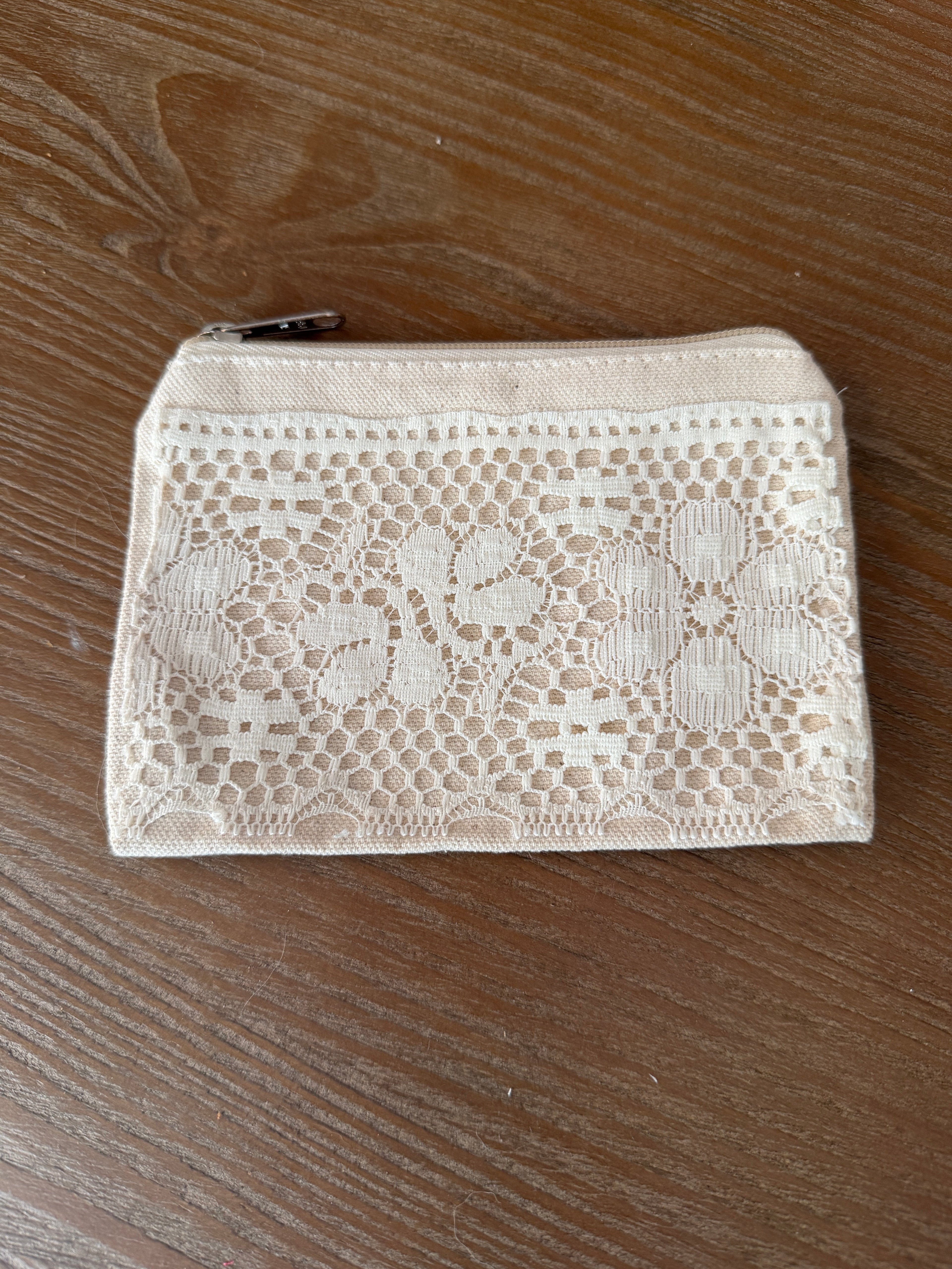 Small cosmetic bag with hand sewn doily decor - multiple options
