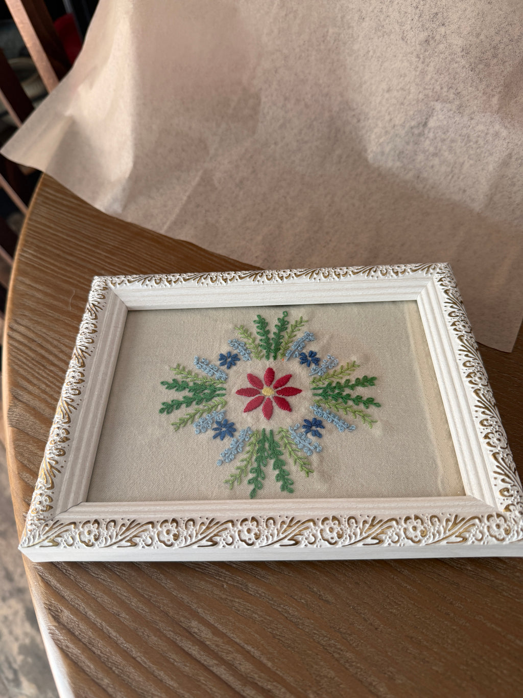 Embroidered Medallion Floral in White Ornate Frame