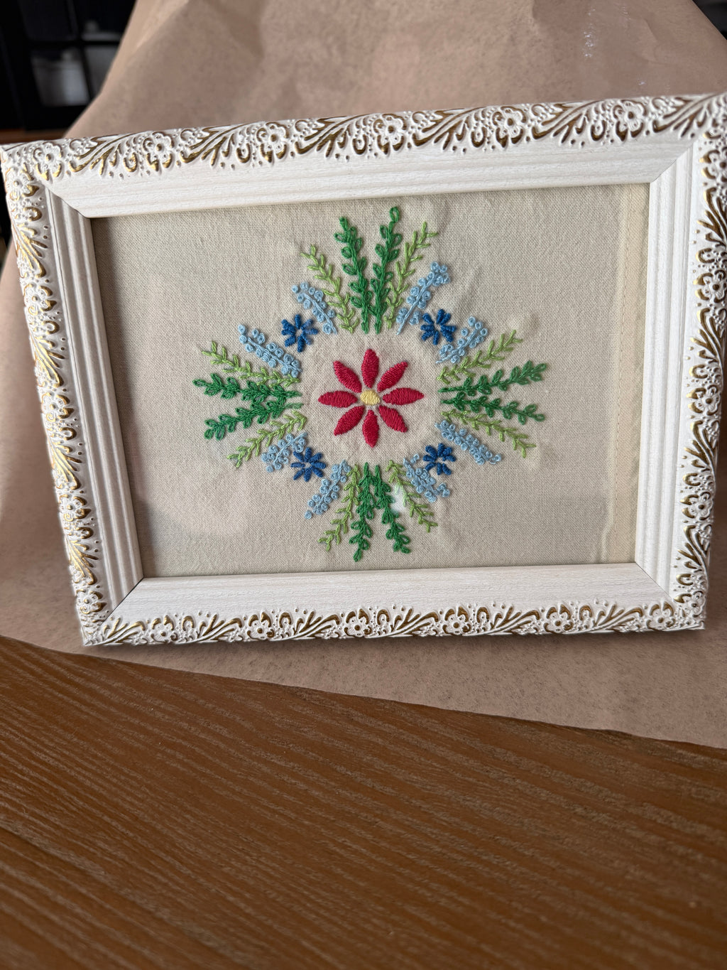 Embroidered Medallion Floral in White Ornate Frame