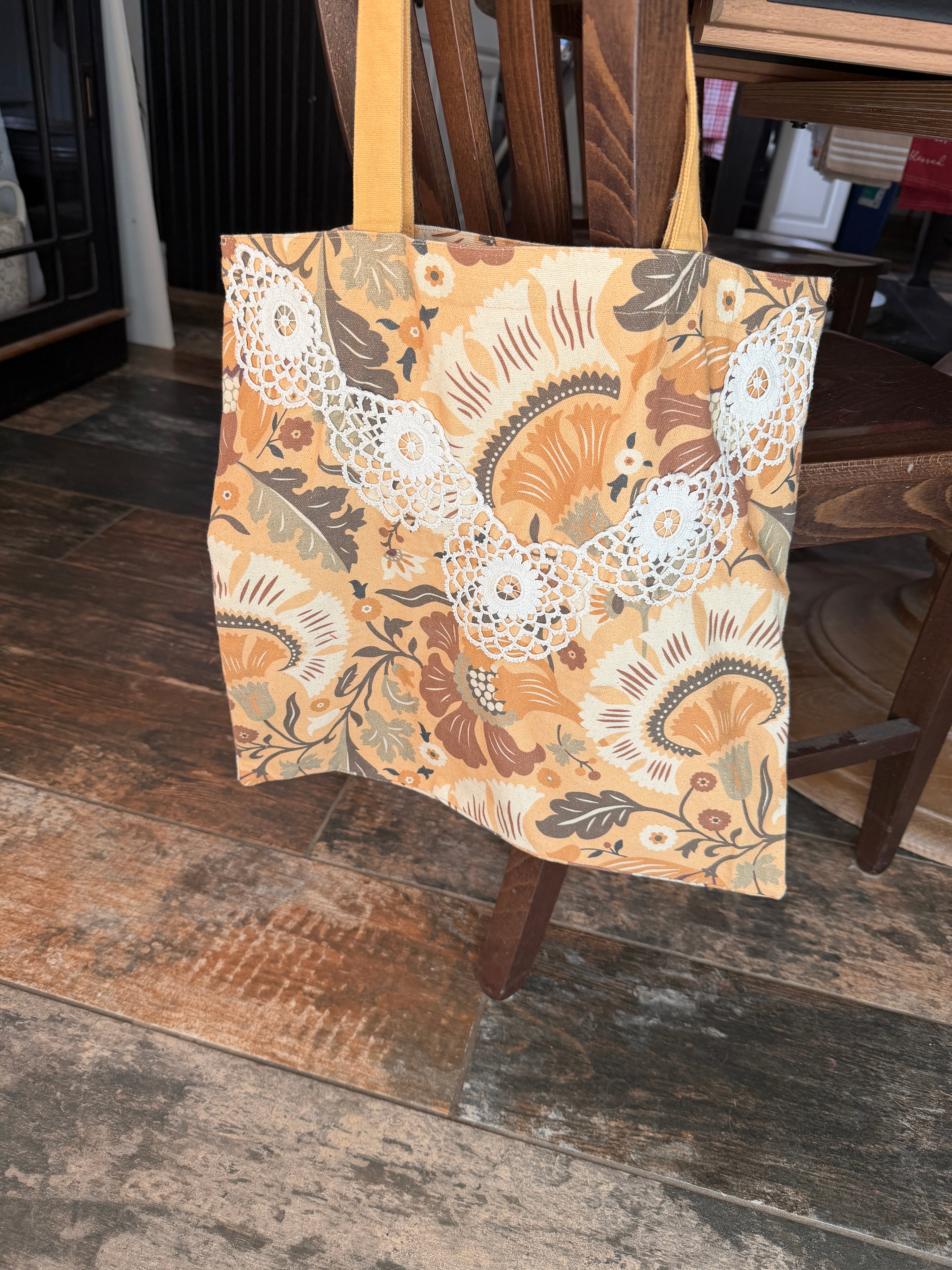 Handmade Floral Tote Bag with Handsewn Lace Doily Trim