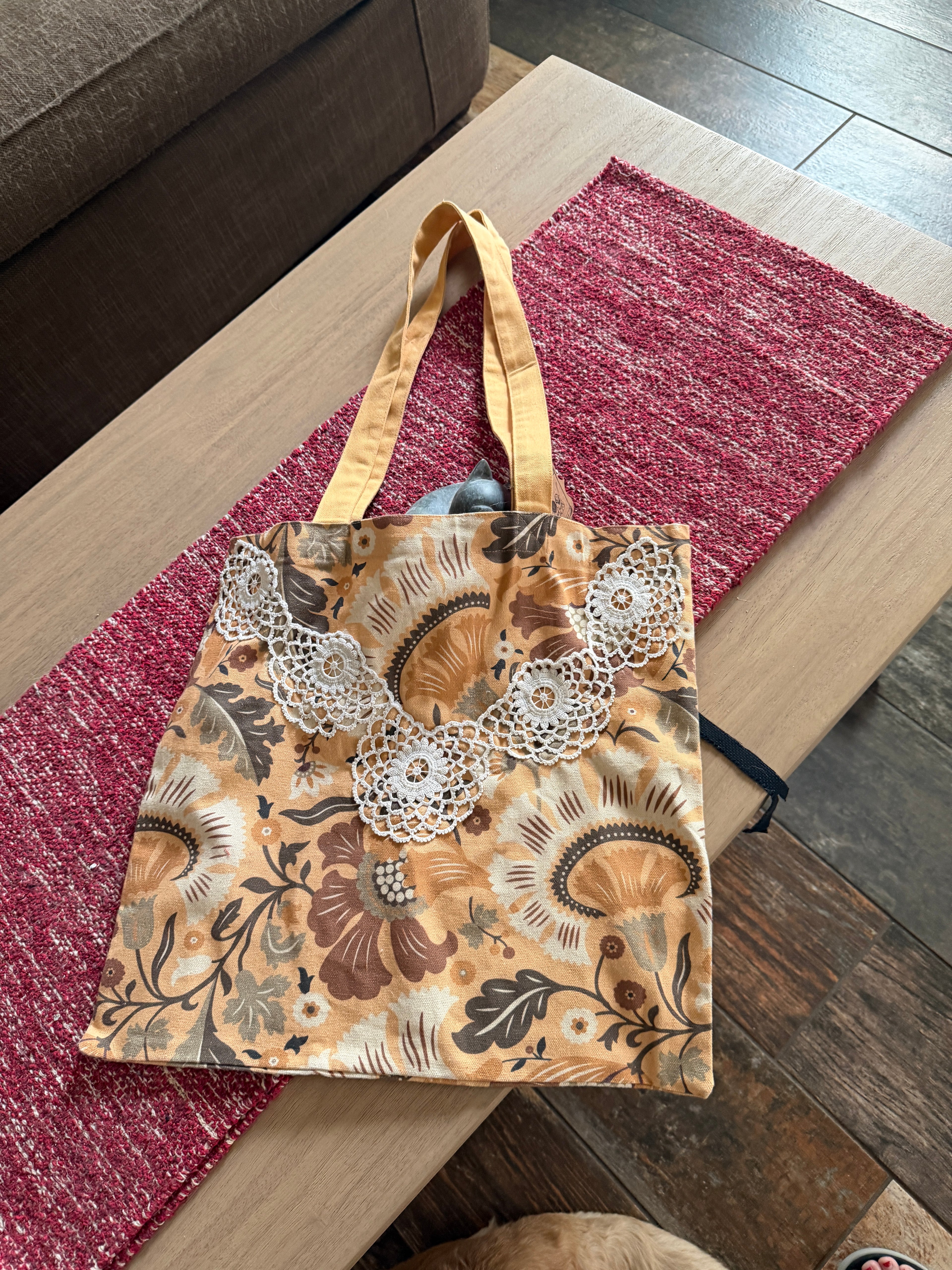 Handmade Floral Tote Bag with Handsewn Lace Doily Trim