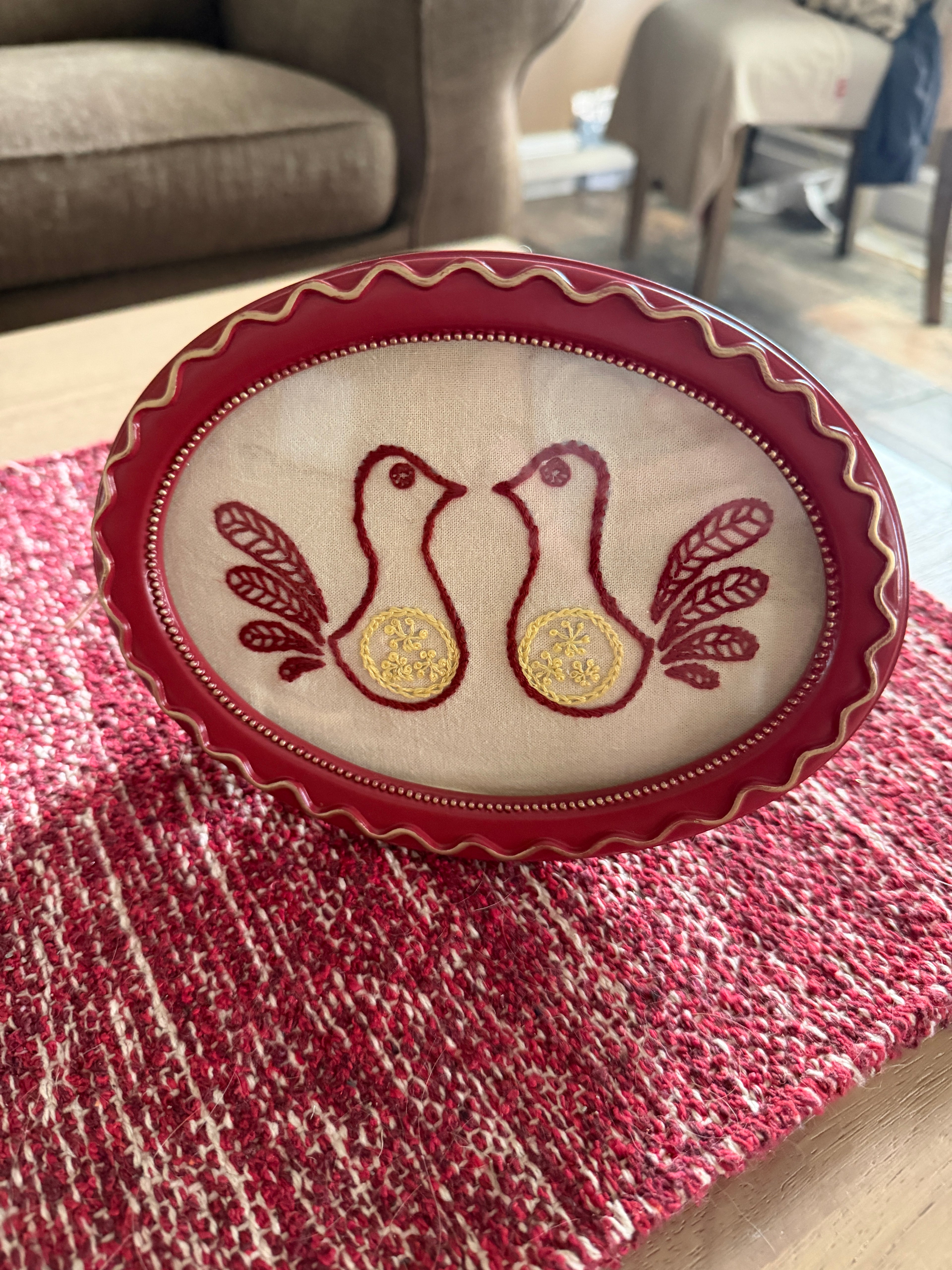 Hand-Embroidered Folk Doves in Cranberry Oval Frame