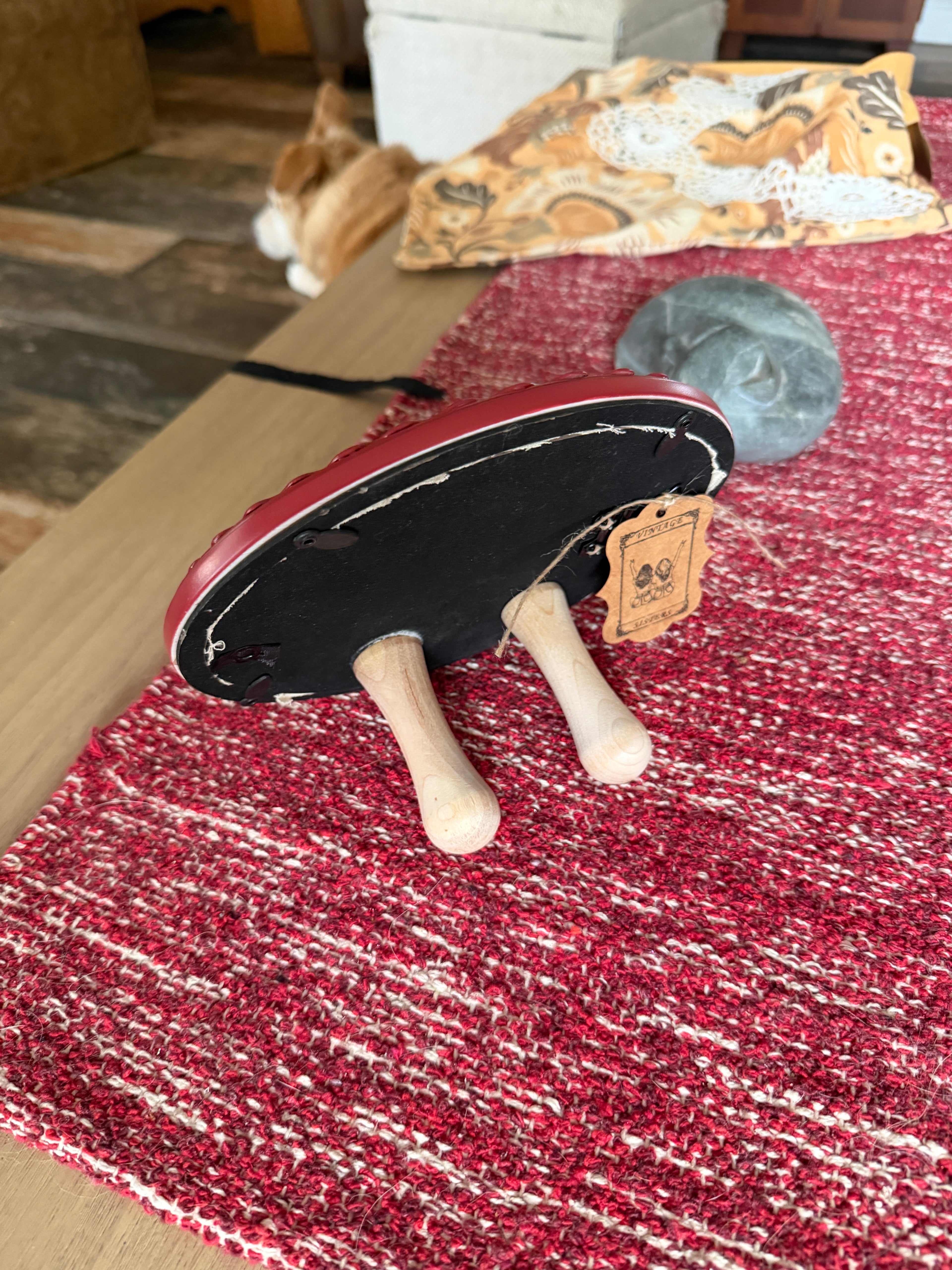 Hand-Embroidered Folk Doves in Cranberry Oval Frame