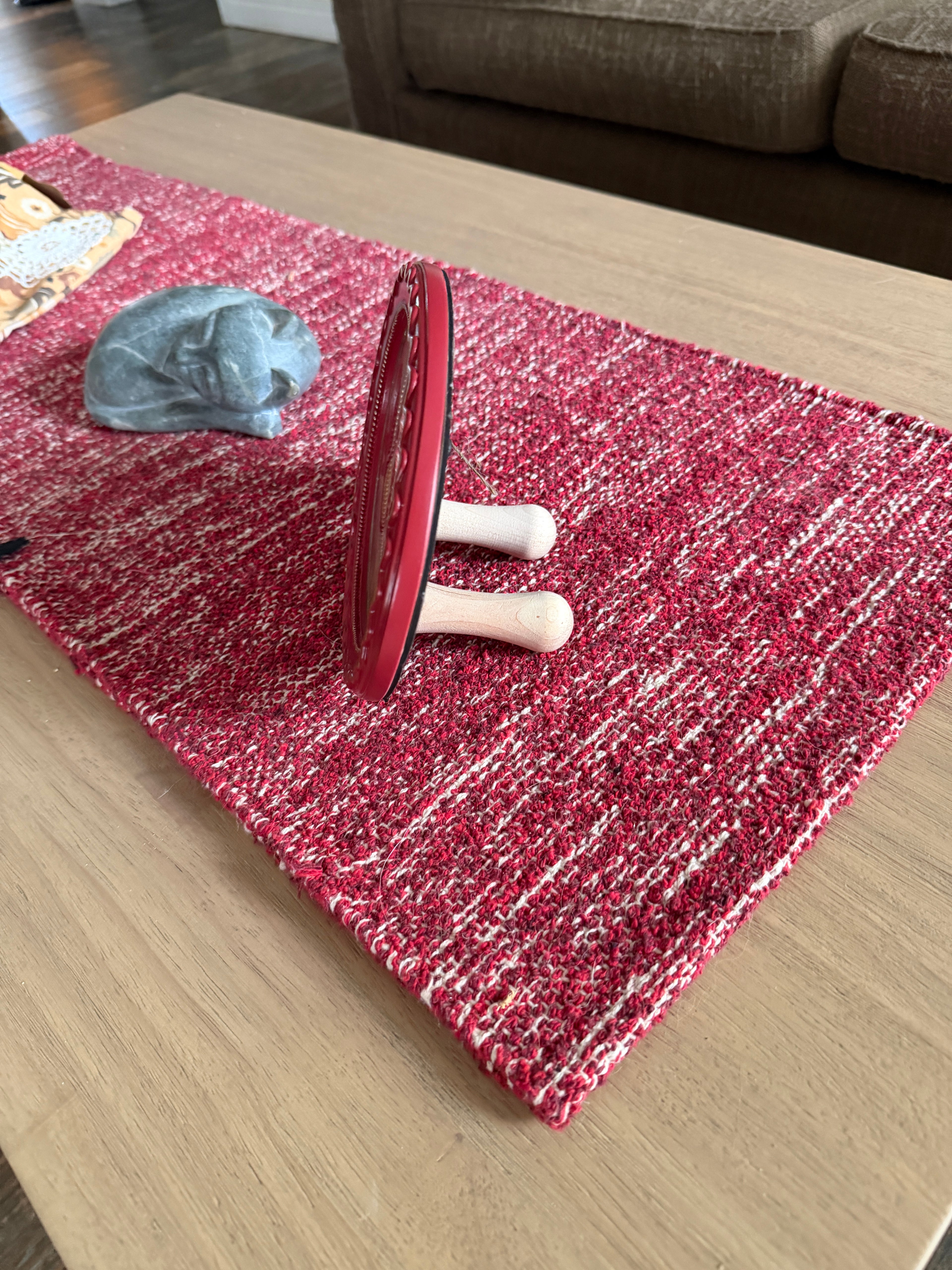 Hand-Embroidered Folk Doves in Cranberry Oval Frame