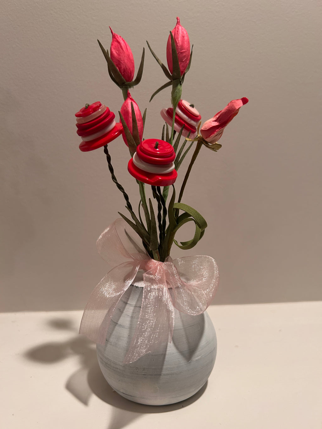 Flower arrangement with Pink/Red artificial and Vintage button flowers - White distressed vase