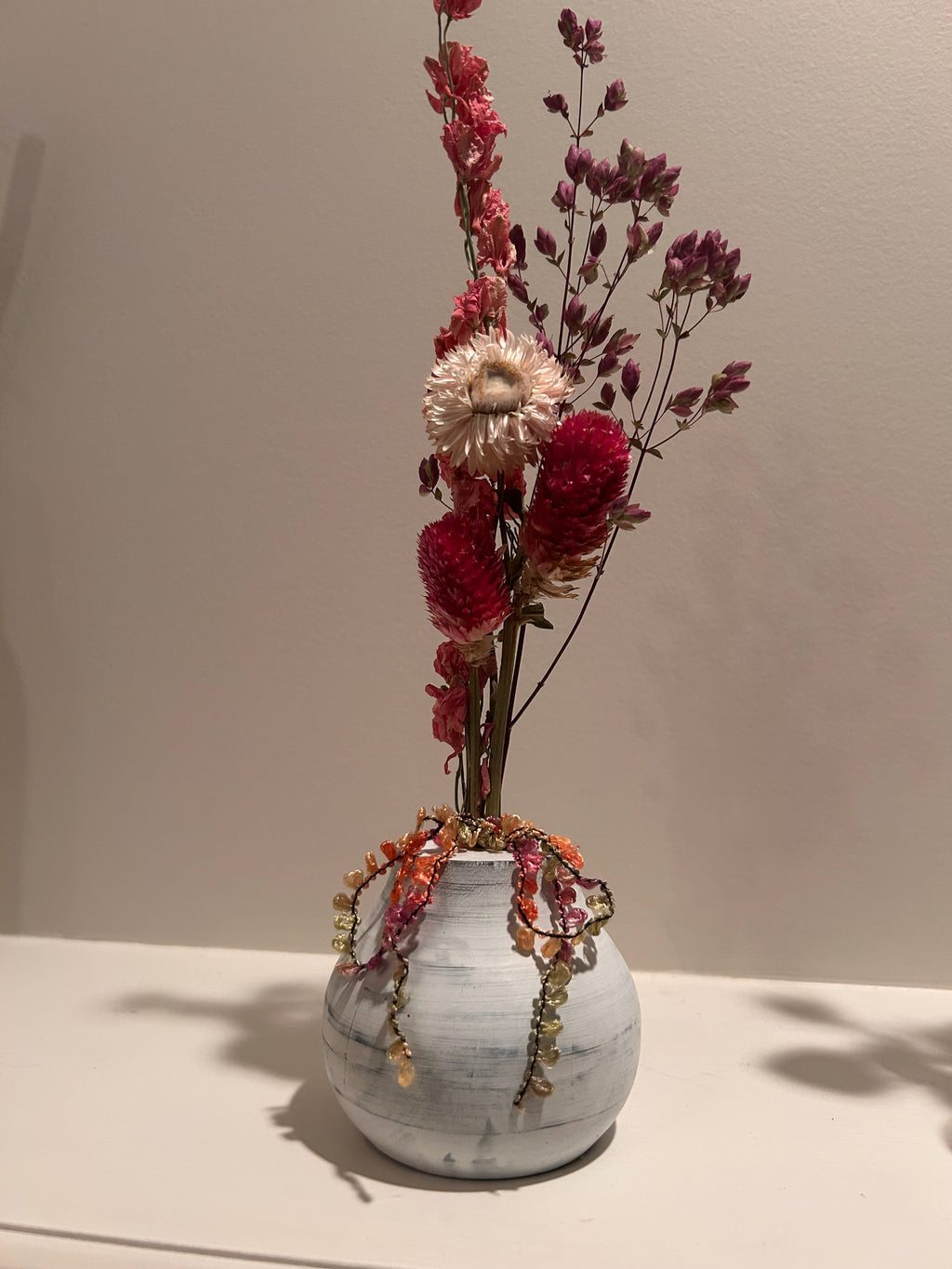 Flower arrangement with Dried Flowers - White distressed vase