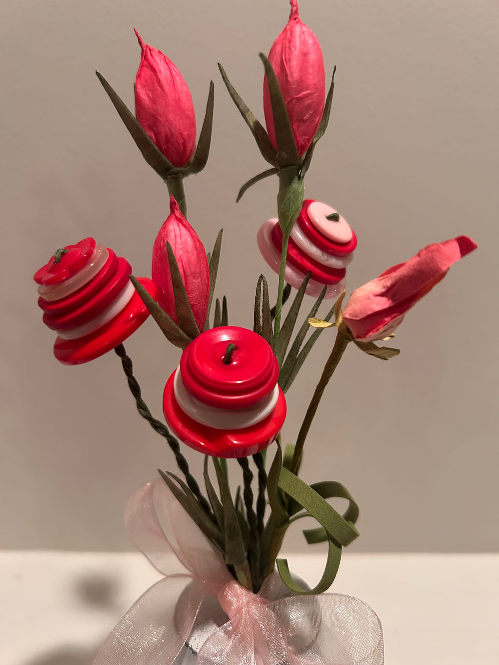Flower arrangement with Pink/Red artificial and Vintage button flowers - White distressed vase