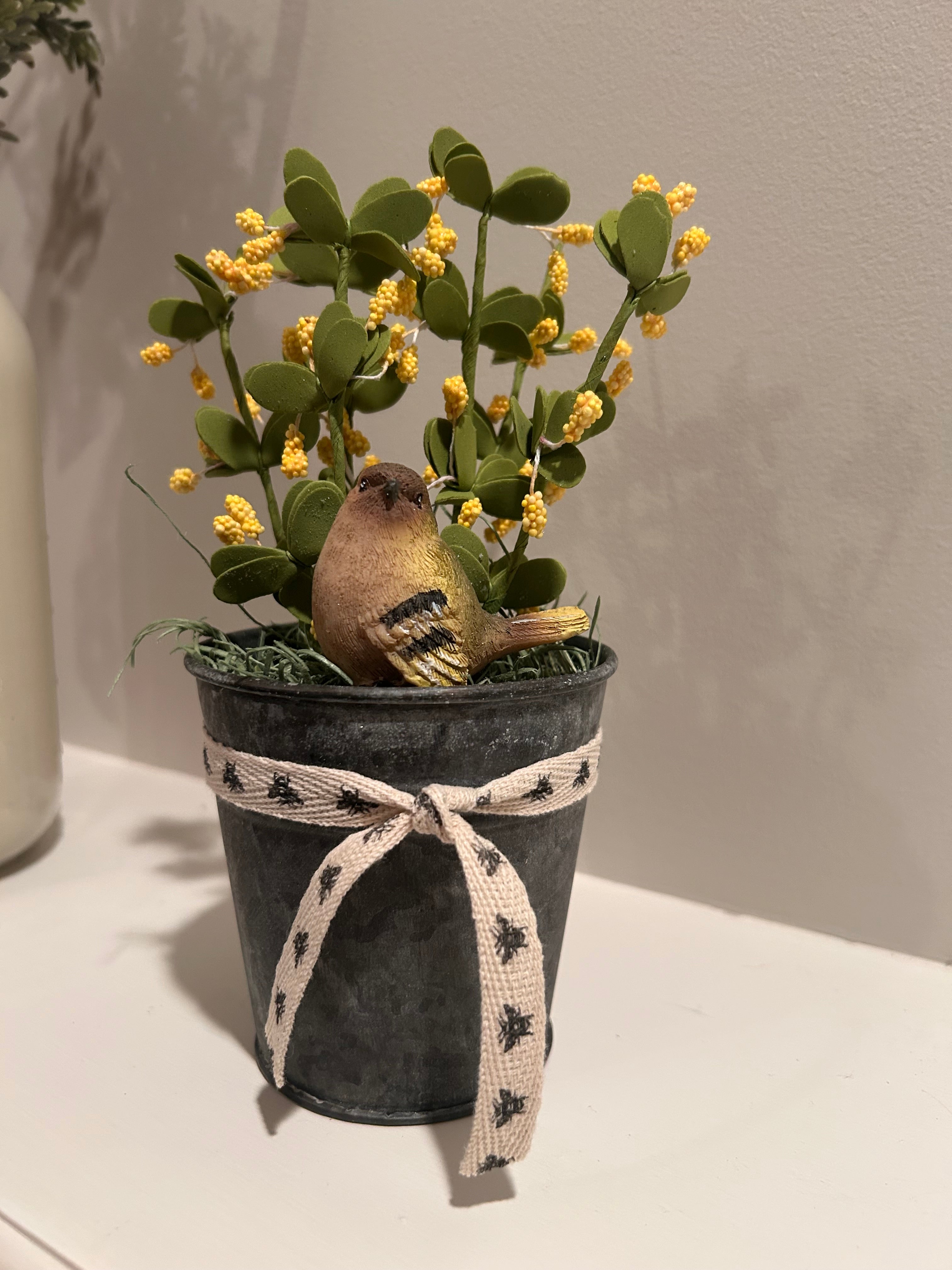 Flower arrangement with Yellow Flowers and Chickadee - in Tin pail