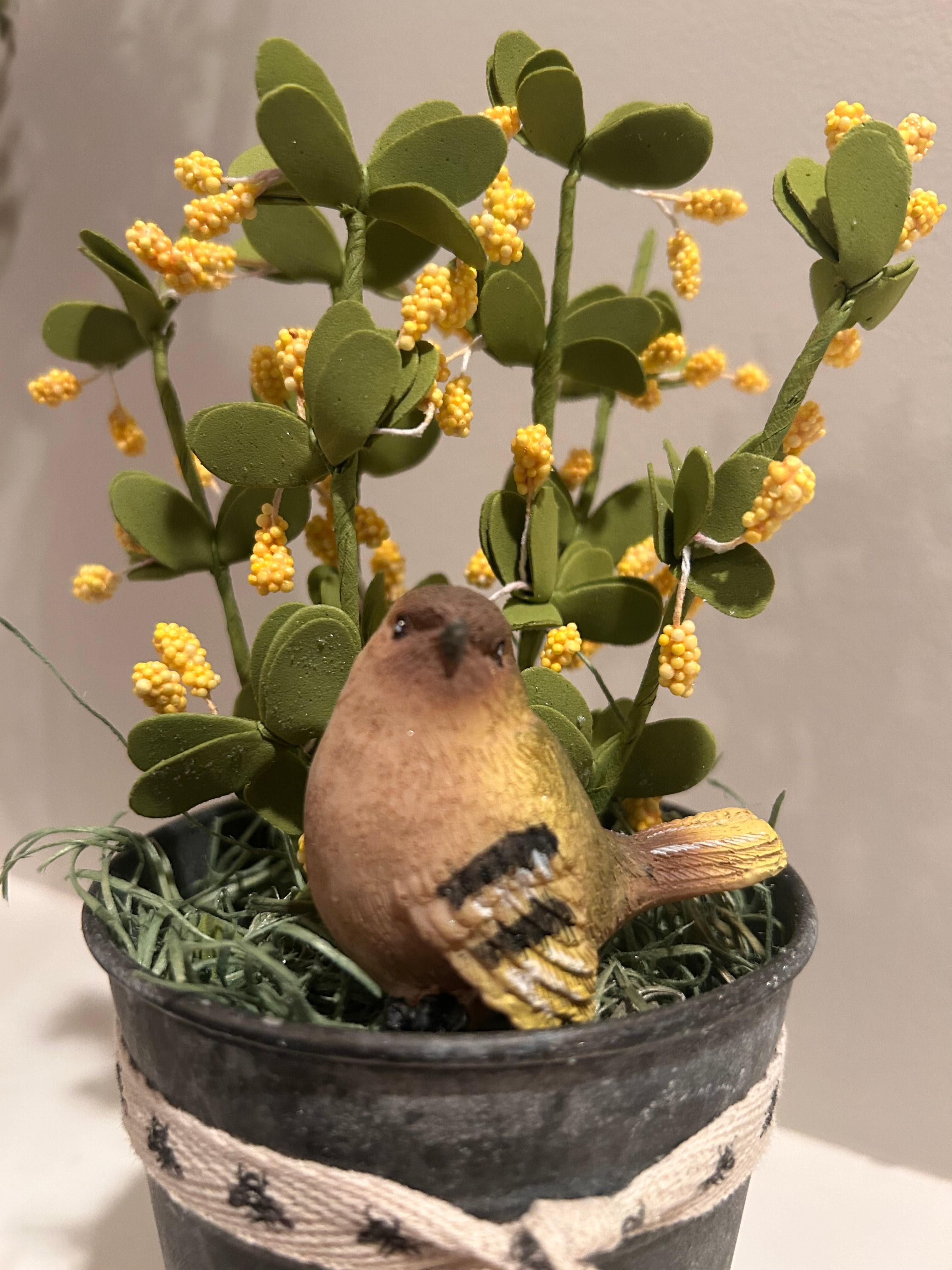 Flower arrangement with Yellow Flowers and Chickadee - in Tin pail