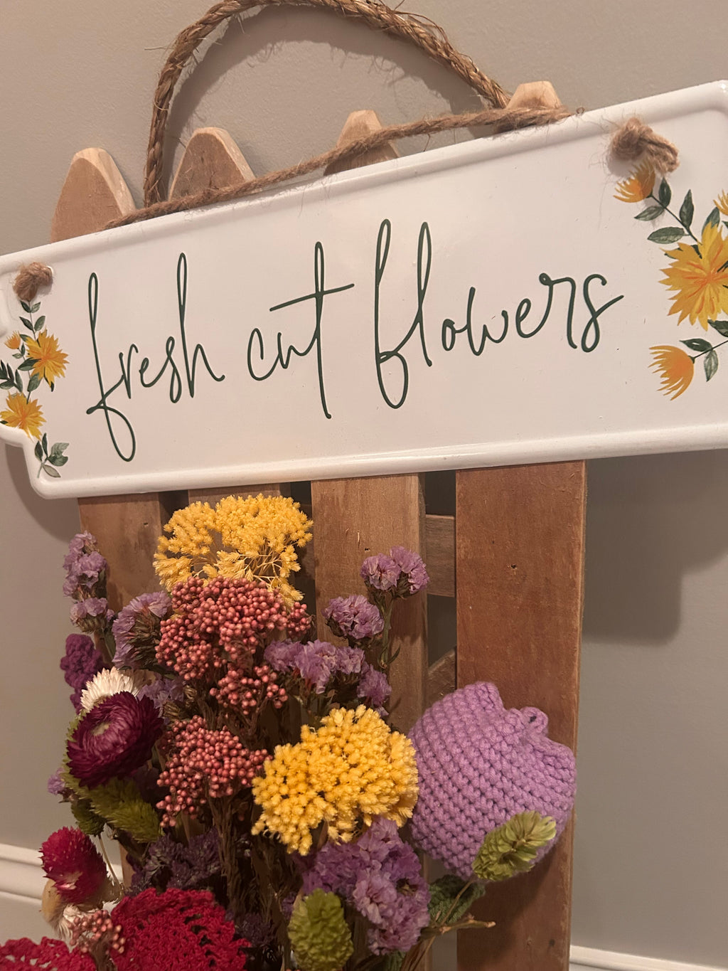 Fresh Flowers Picket Fence hanging - handcrafted