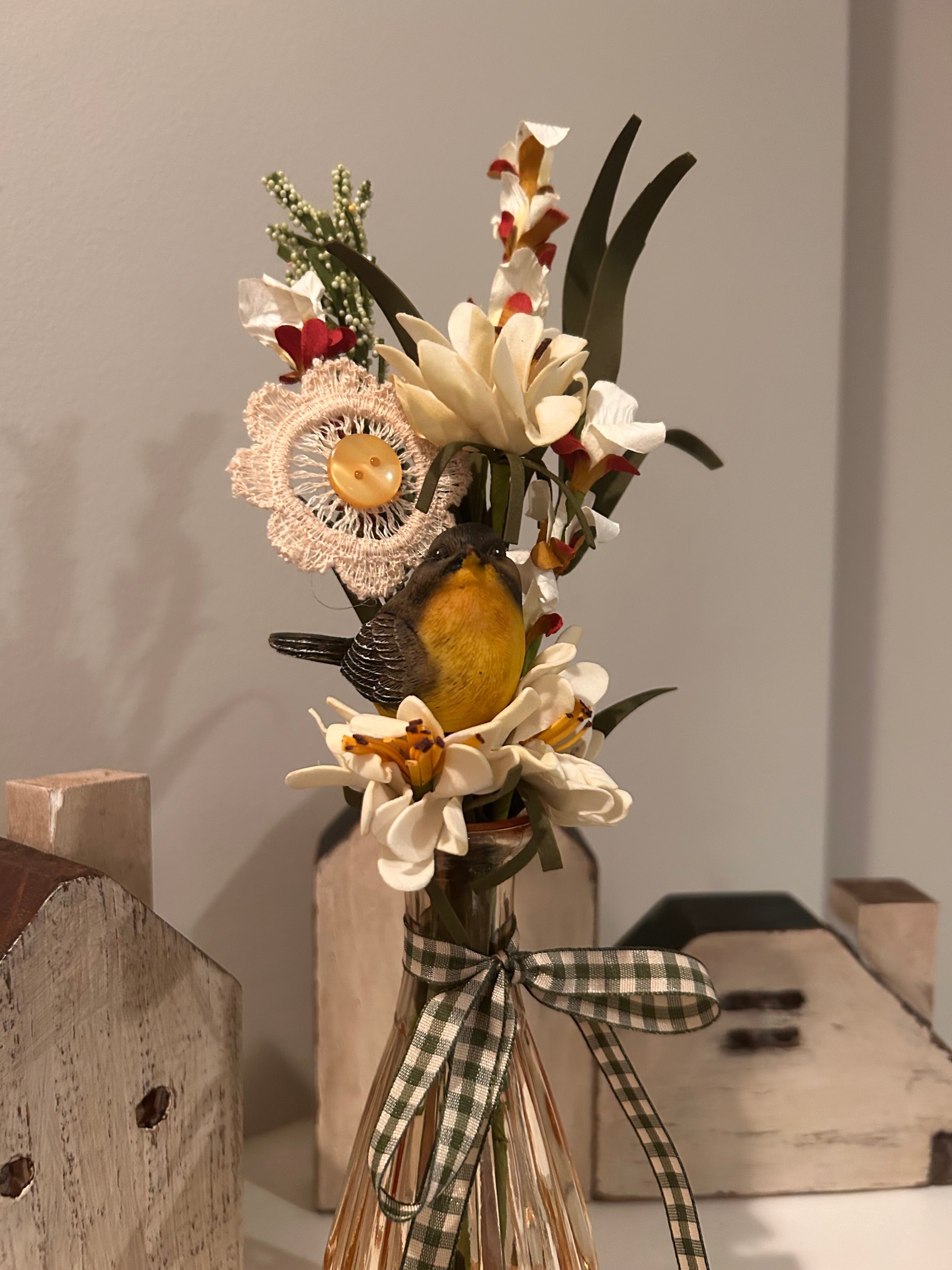 Shabby-Chic Wildflower Bud Vase with Bird & Lace Accents