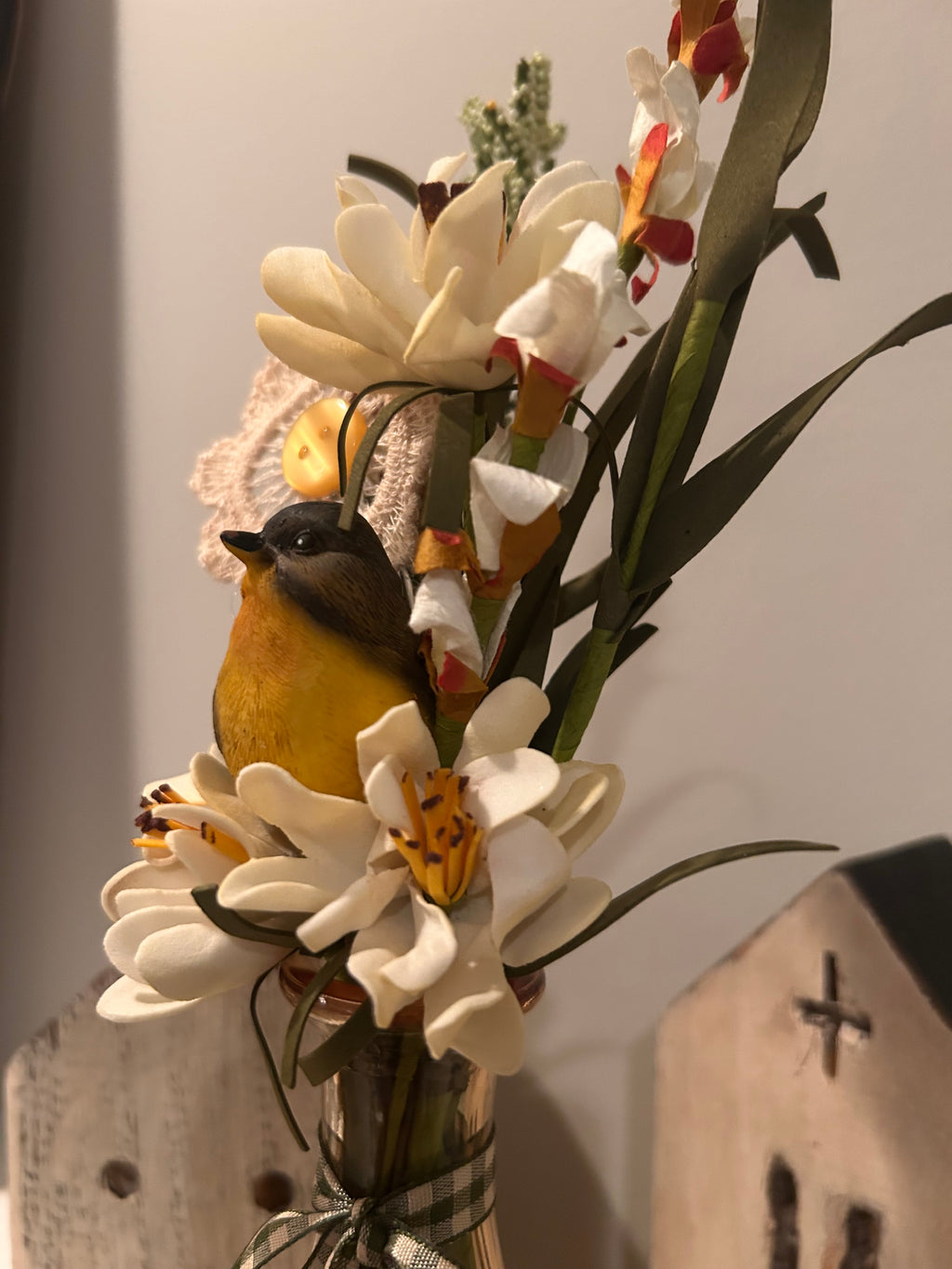 Shabby-Chic Wildflower Bud Vase with Bird & Lace Accents