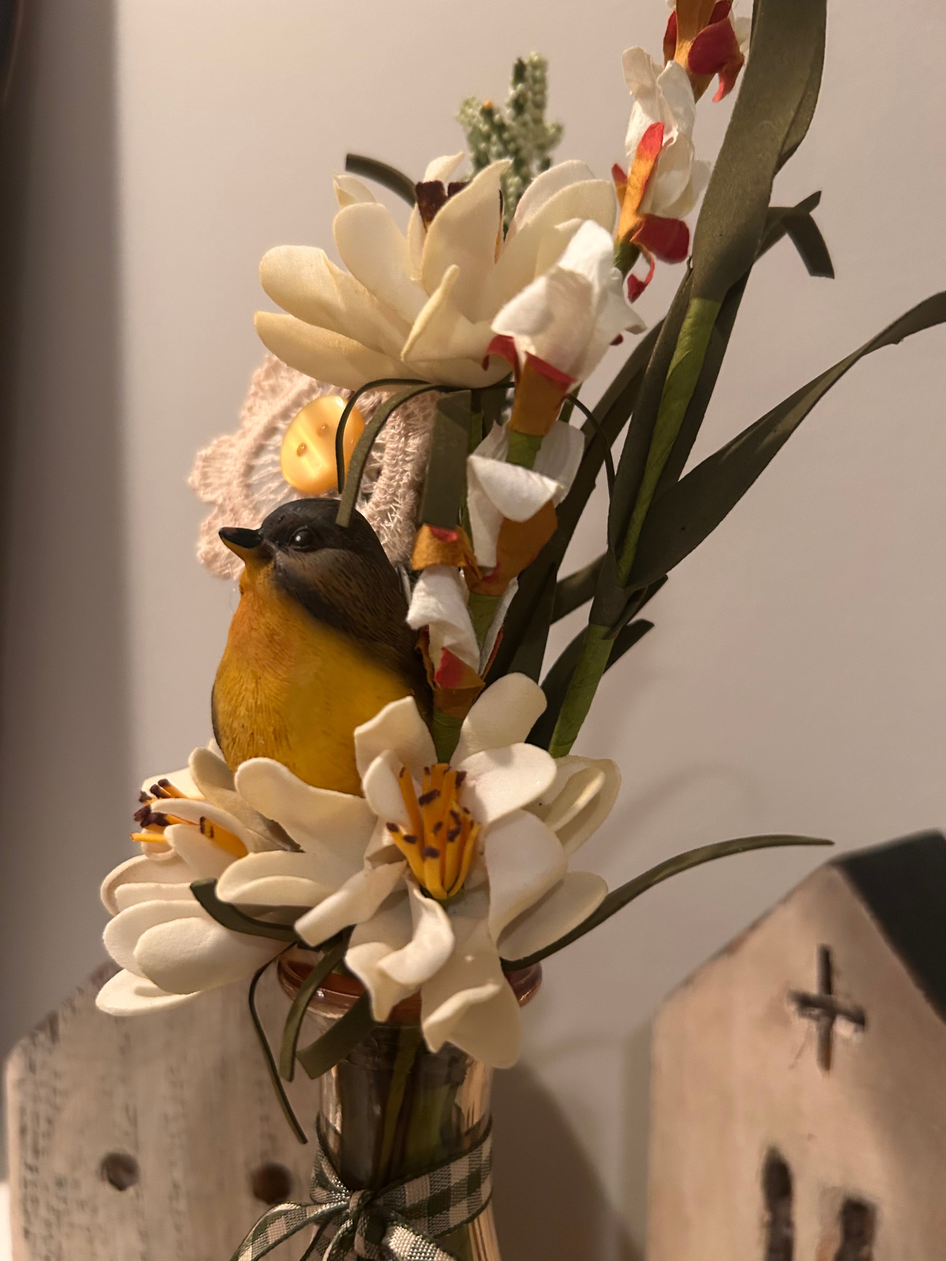 Shabby-Chic Wildflower Bud Vase with Bird & Lace Accents