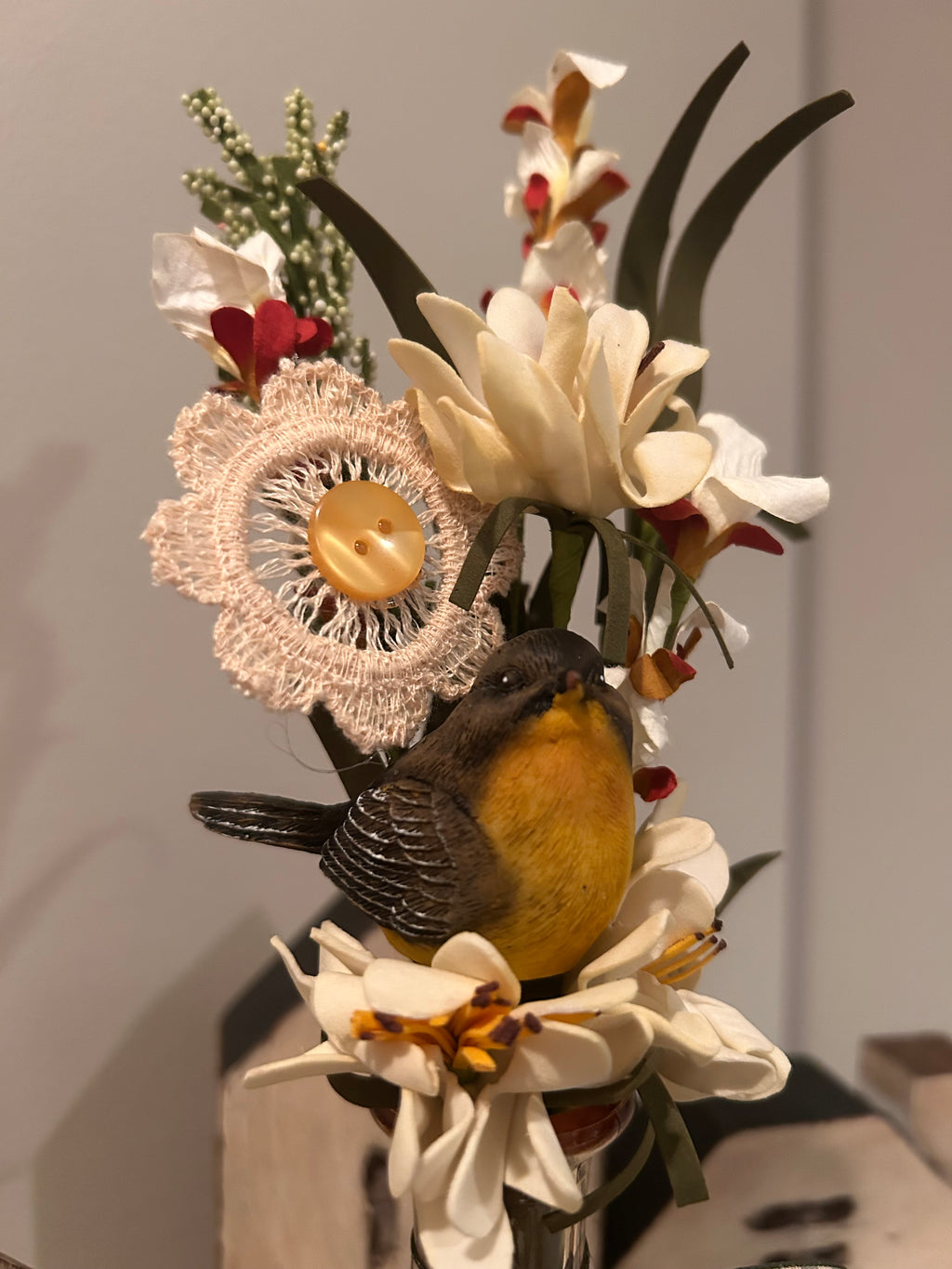 Shabby-Chic Wildflower Bud Vase with Bird & Lace Accents
