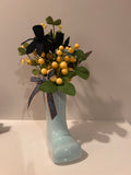 Light Blue Ceramic Rain Boot Vase with Whimsical Floral & Berry Arrangement