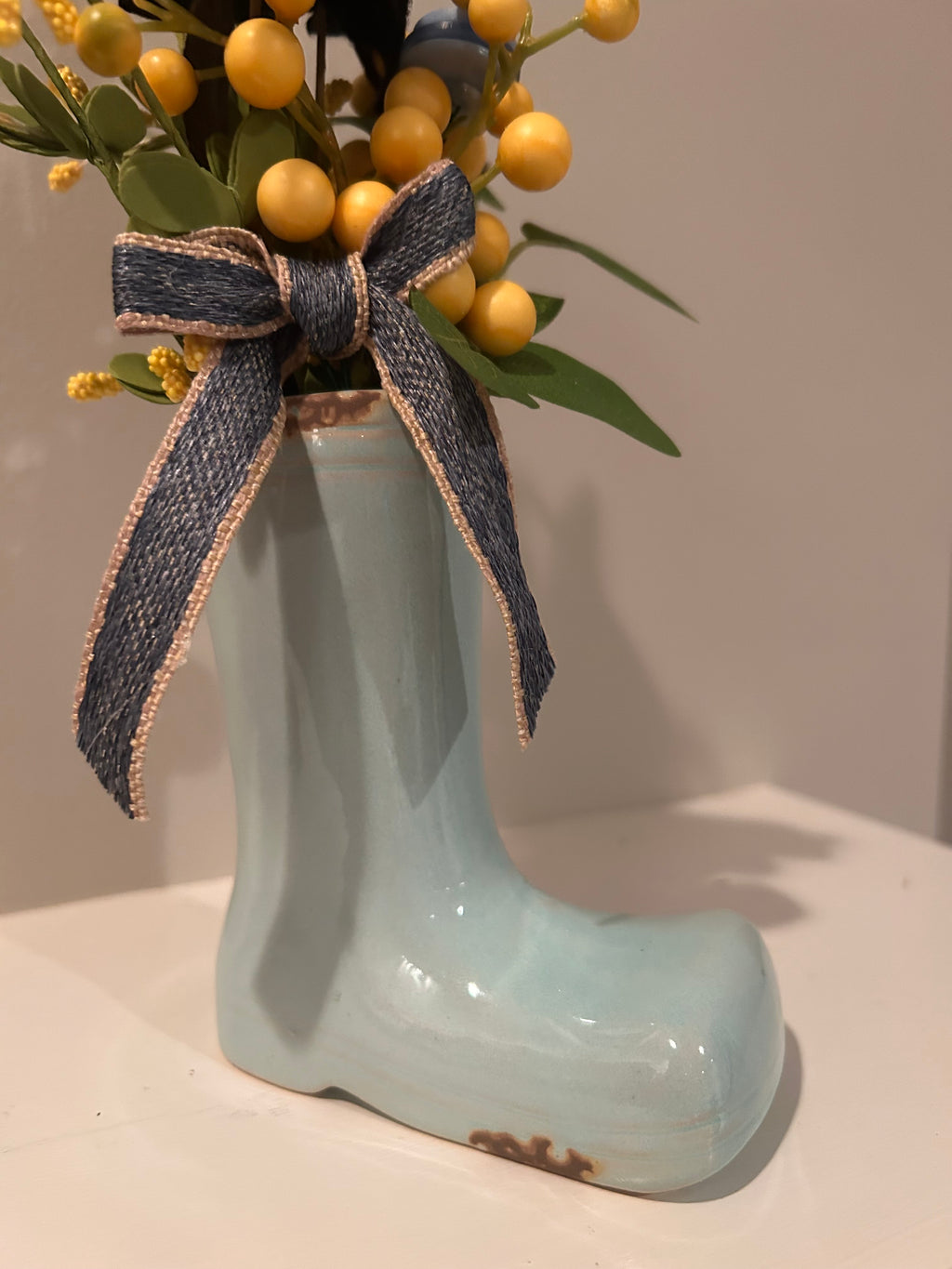Light Blue Ceramic Rain Boot Vase with Whimsical Floral & Berry Arrangement