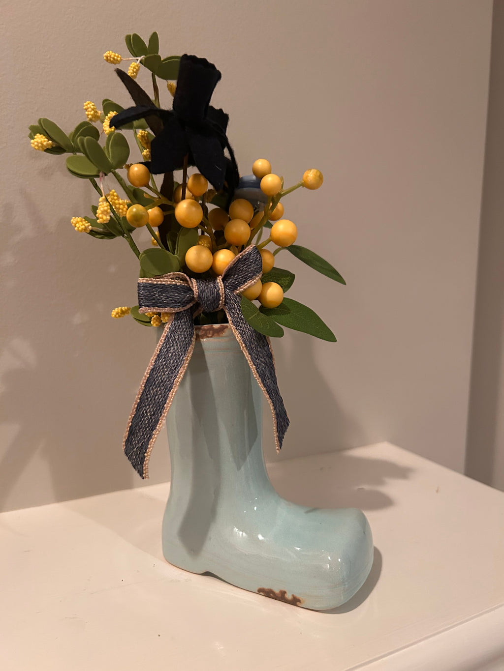 Light Blue Ceramic Rain Boot Vase with Whimsical Floral & Berry Arrangement