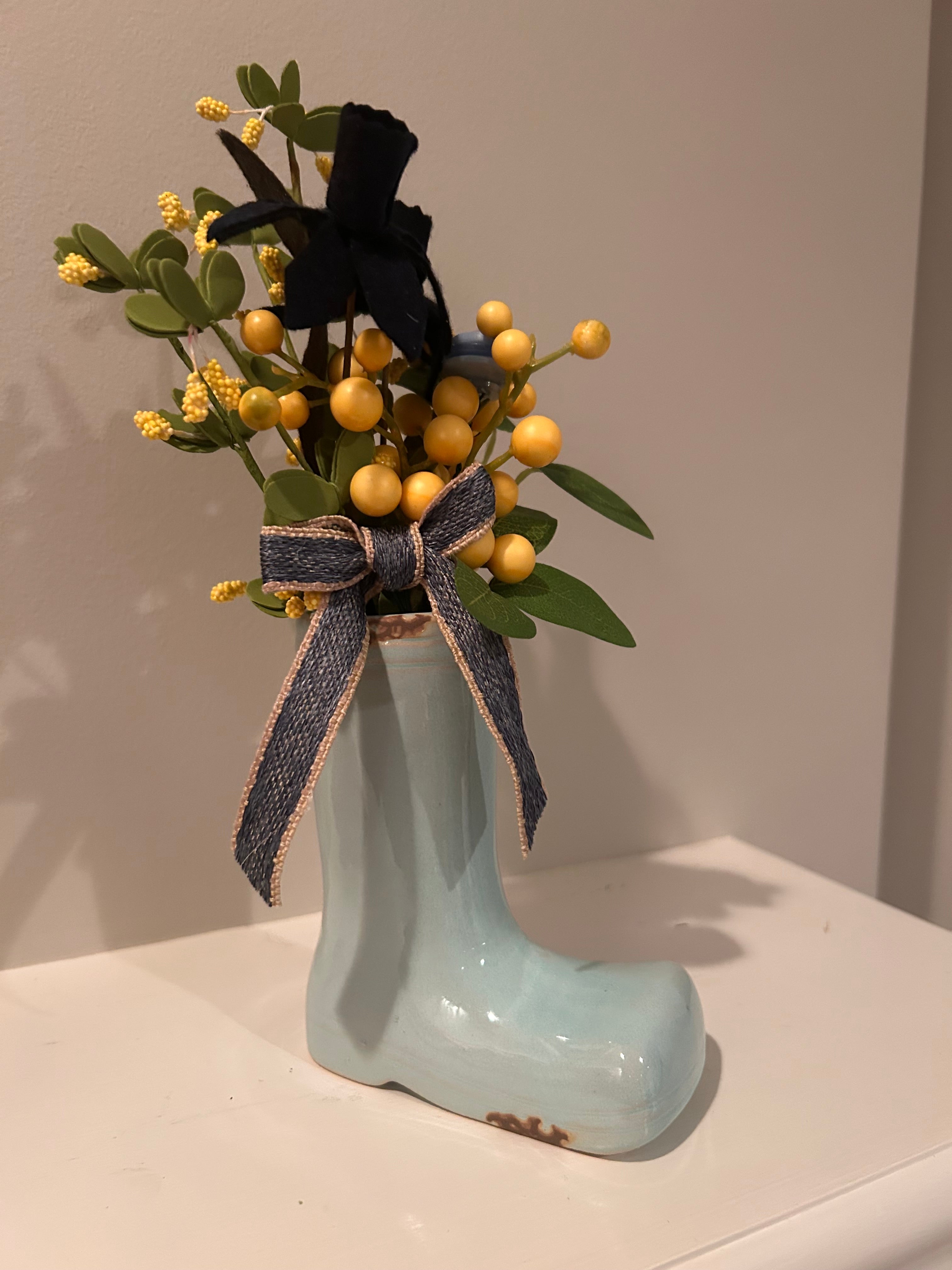 Light Blue Ceramic Rain Boot Vase with Whimsical Floral & Berry Arrangement