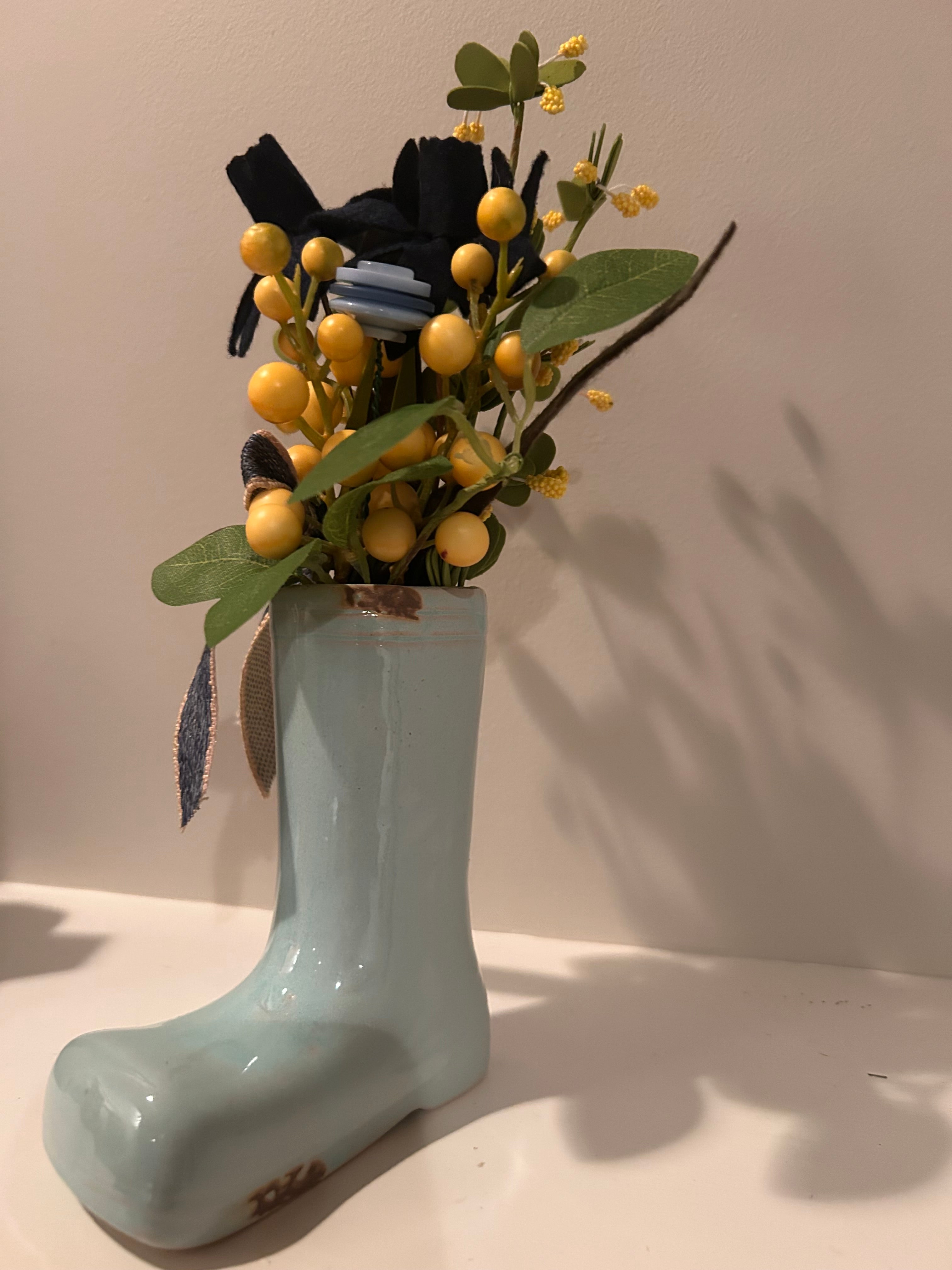 Light Blue Ceramic Rain Boot Vase with Whimsical Floral & Berry Arrangement