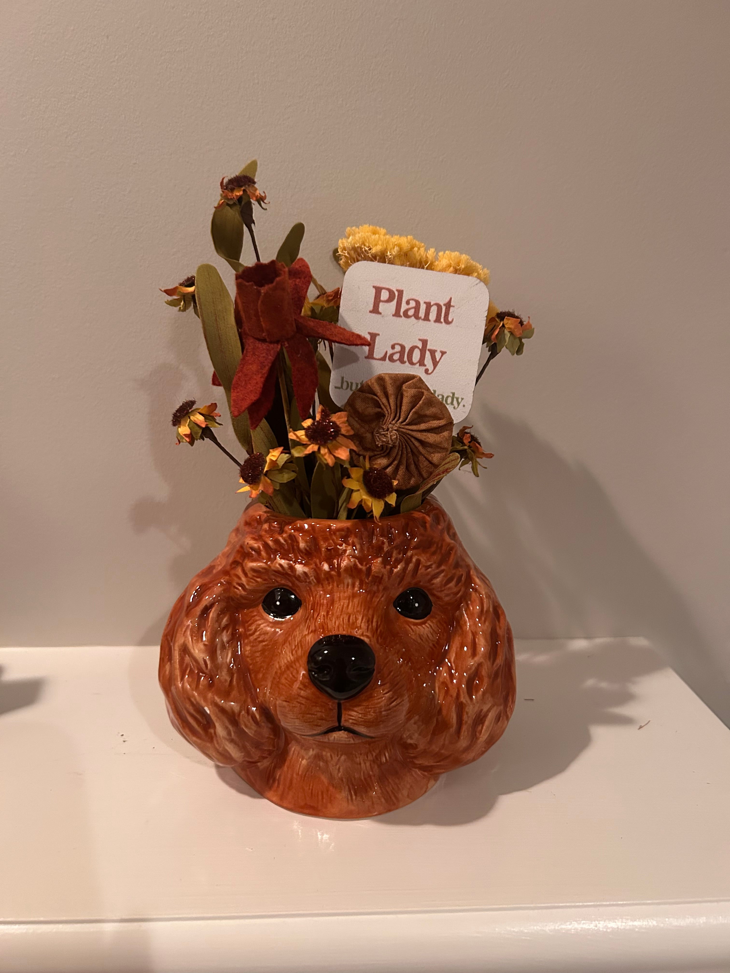 Brown Poodle Ceramic Planter with "Plant Lady" Floral Arrangement – Dog Mom Gift