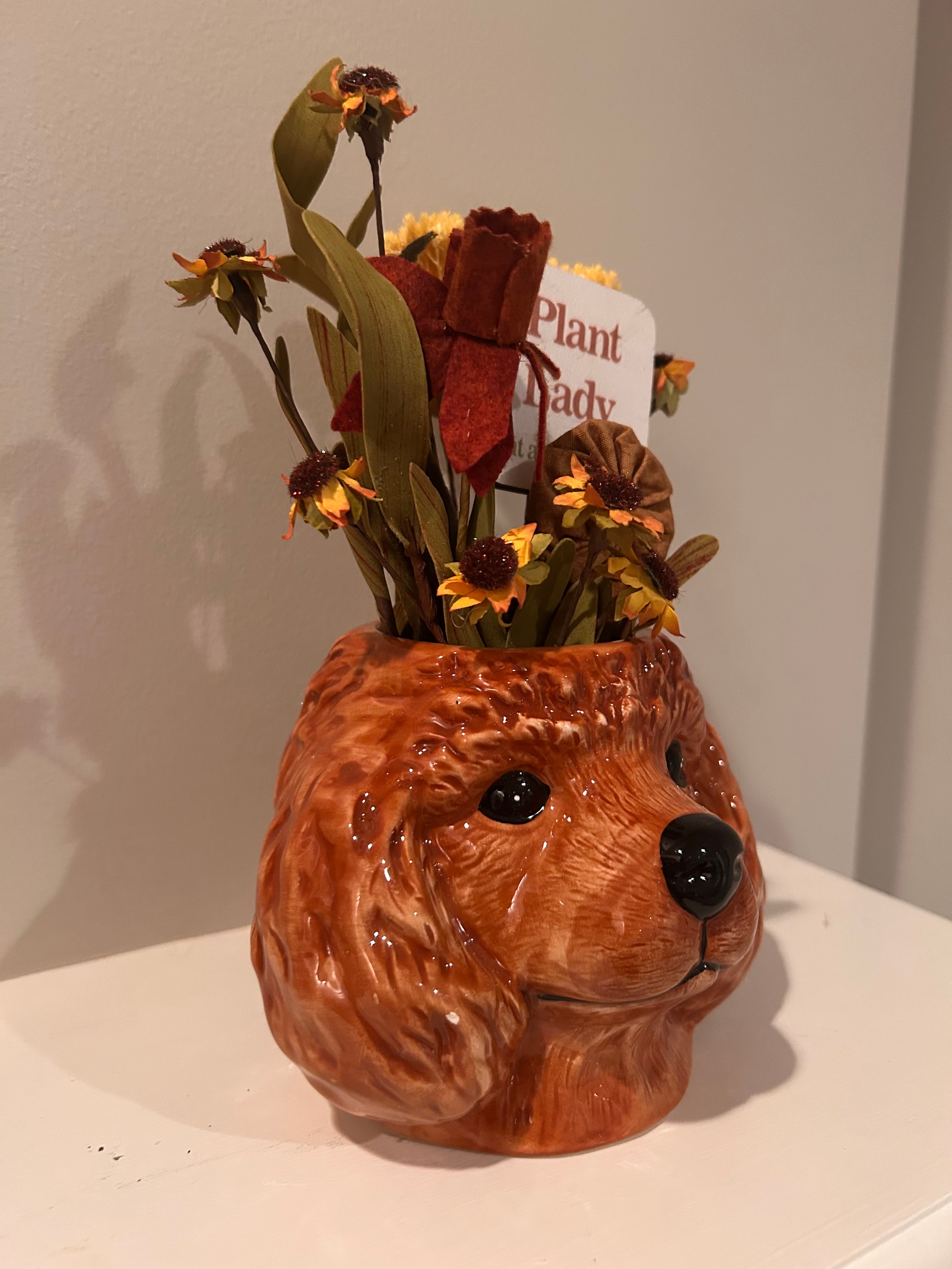 Brown Poodle Ceramic Planter with "Plant Lady" Floral Arrangement – Dog Mom Gift