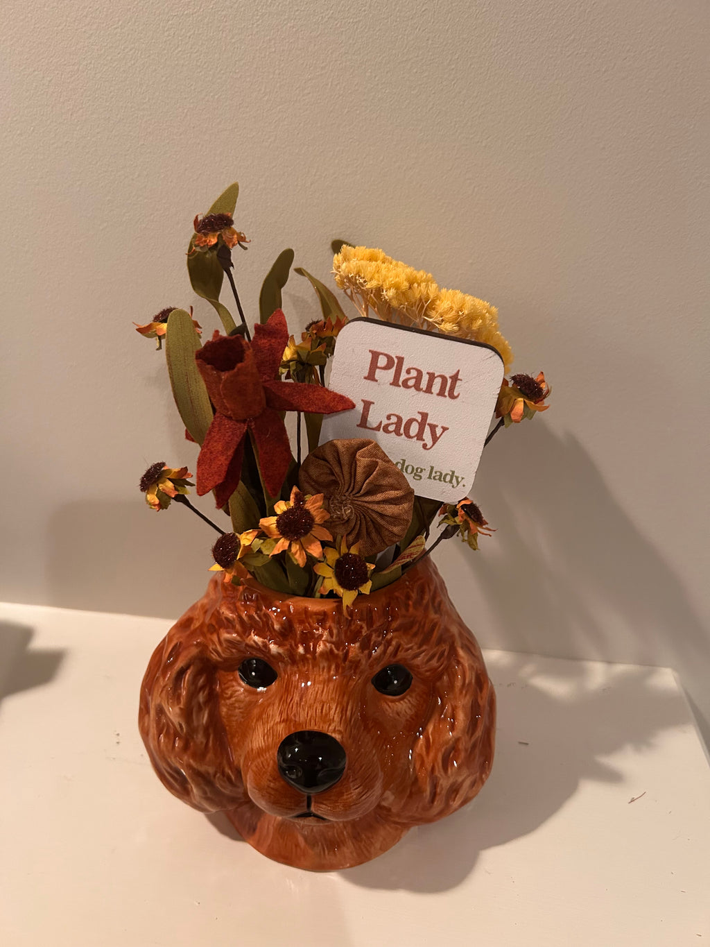 Brown Poodle Ceramic Planter with "Plant Lady" Floral Arrangement – Dog Mom Gift