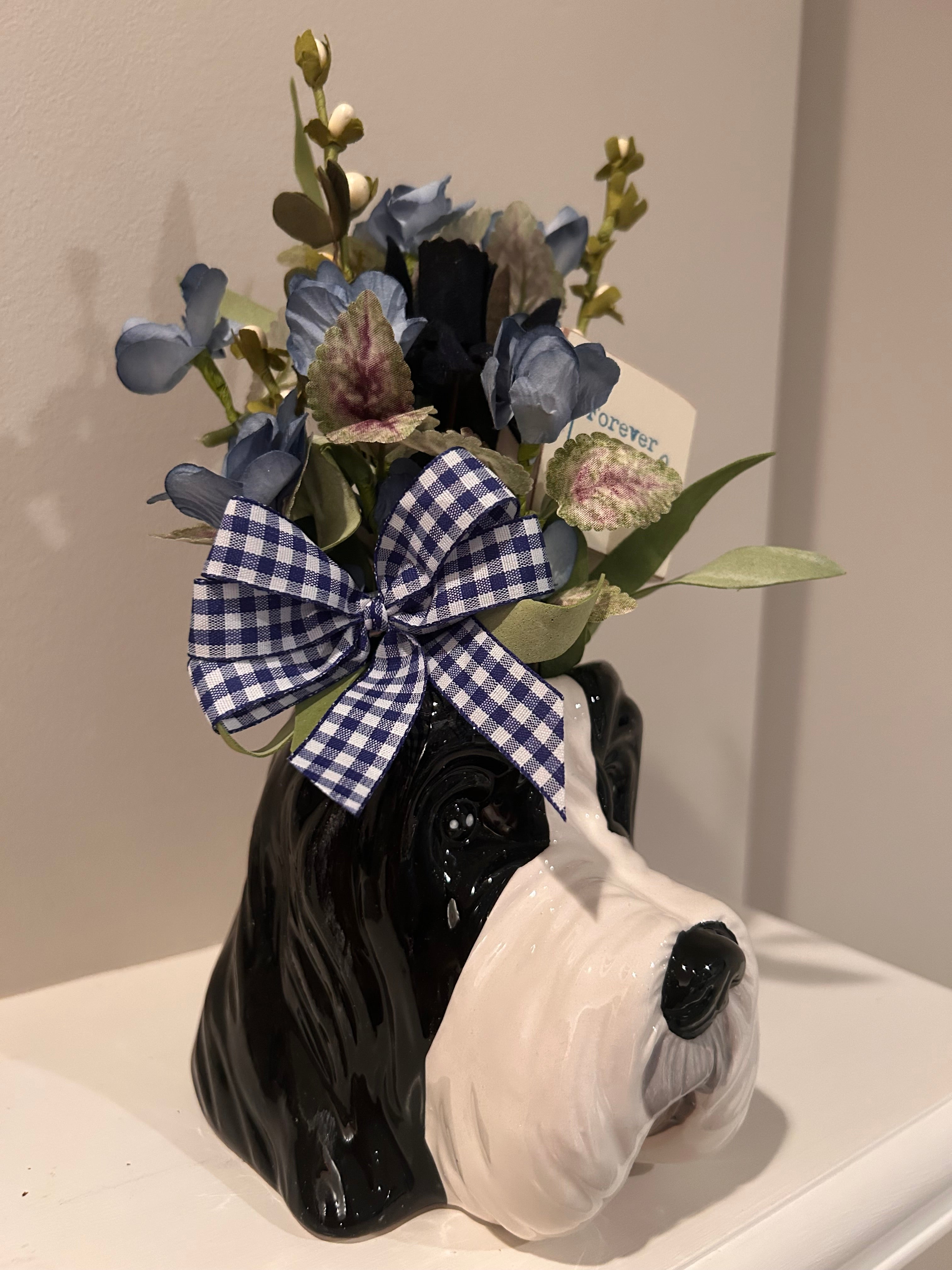 Ceramic English Sheepdog Planter with blue floral arrangement