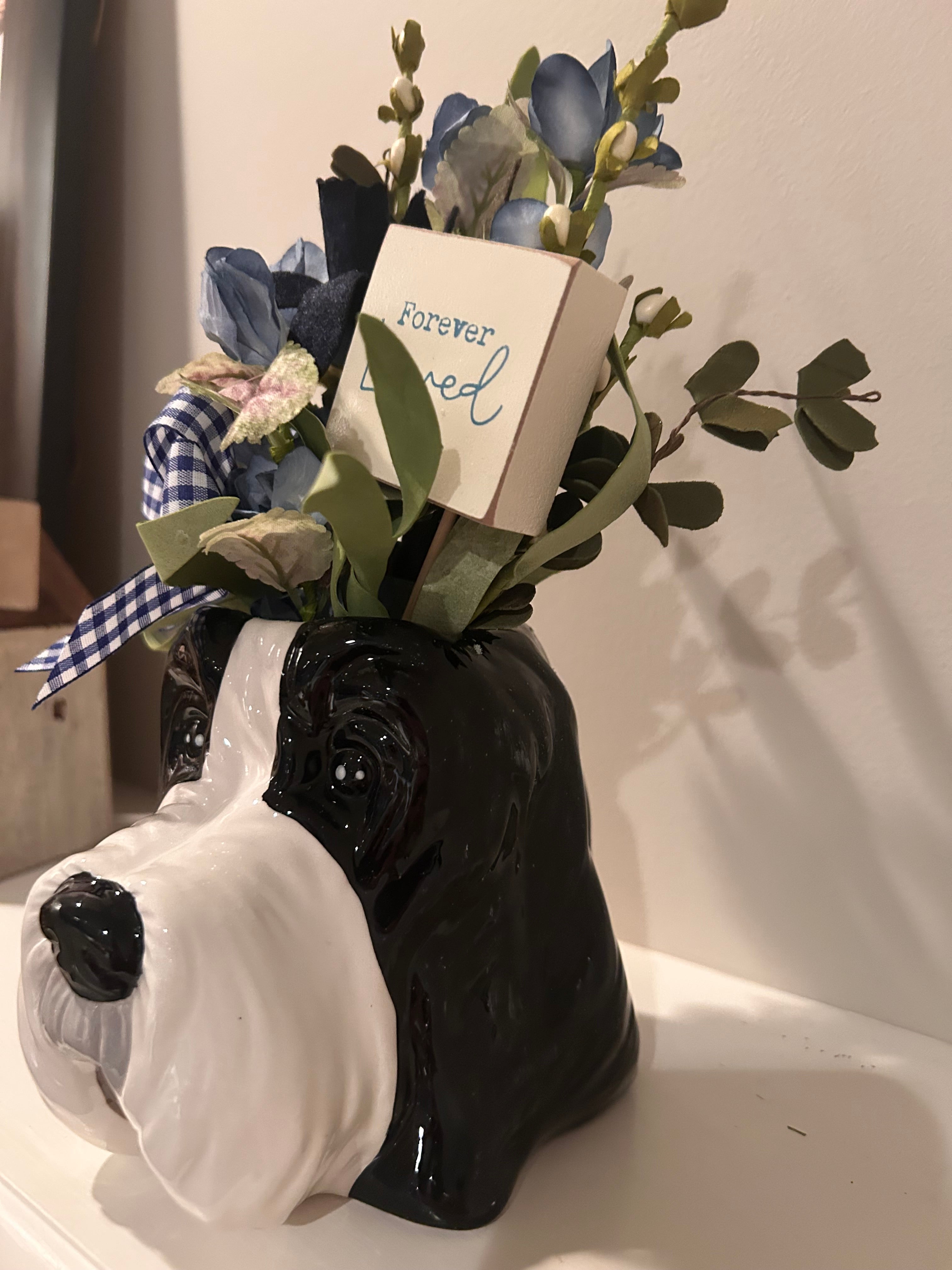 Ceramic English Sheepdog Planter with blue floral arrangement