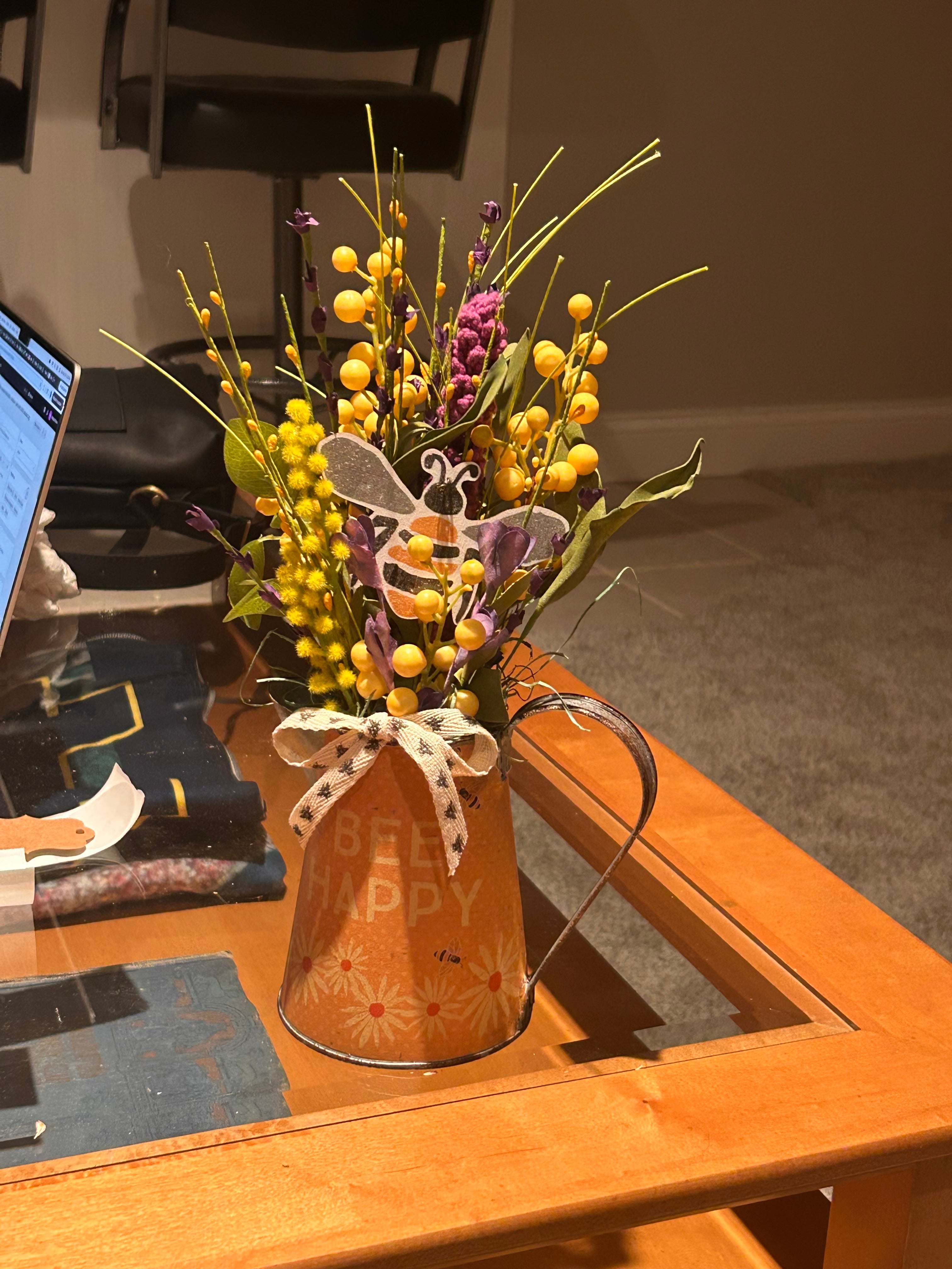 "Bee Happy" Rustic Metal Pitcher Arrangement – Yellow & Purple Wildflower Decor