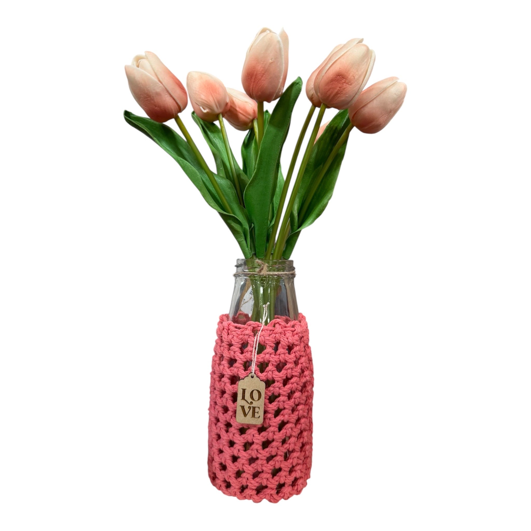 Handmade crochet covered milk bottle - medium - pink with LOVE wooden tag
