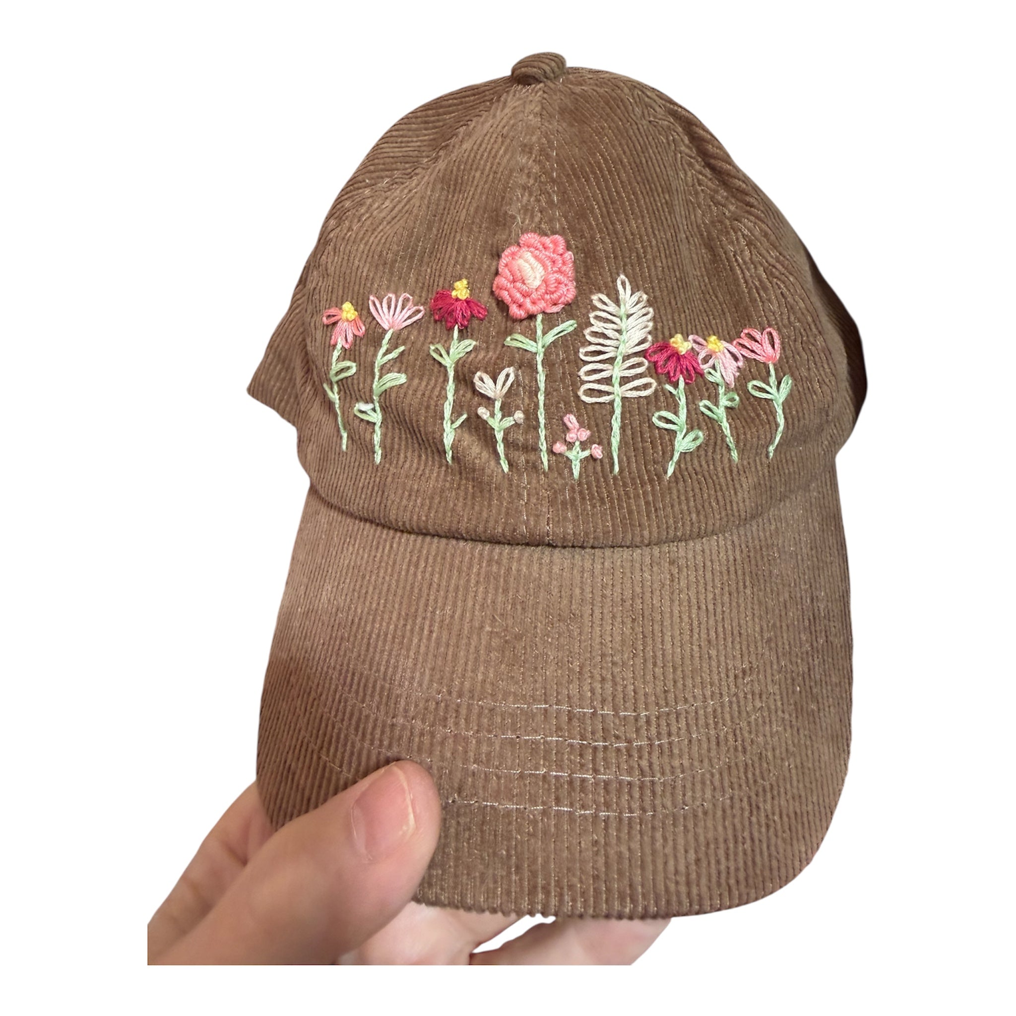 Hand Embroidered Women's corduroy criss cross high pony ball cap - taupe