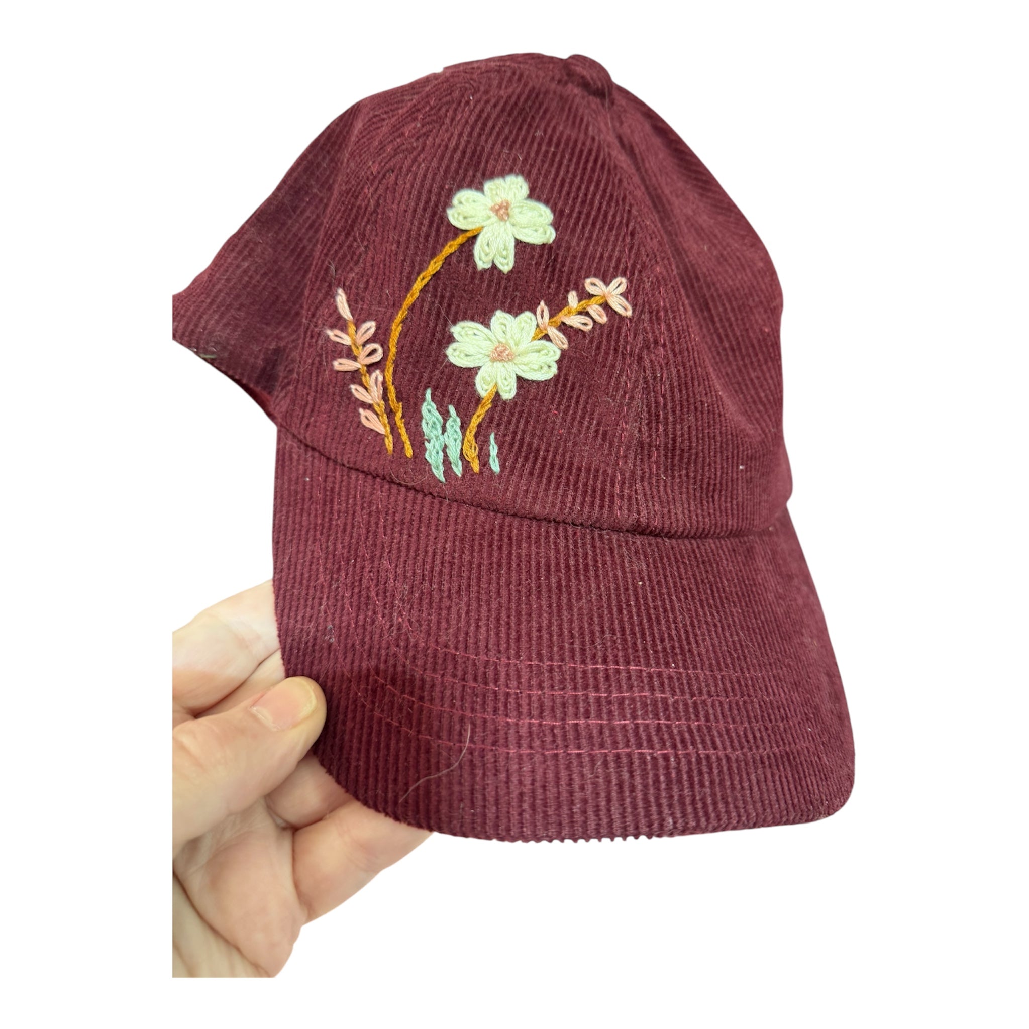 Hand Embroidered Women's corduroy criss cross high pony ball cap - berry