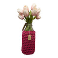 Handmade crochet covered milk bottle - large - hot pink with wooden Love tag